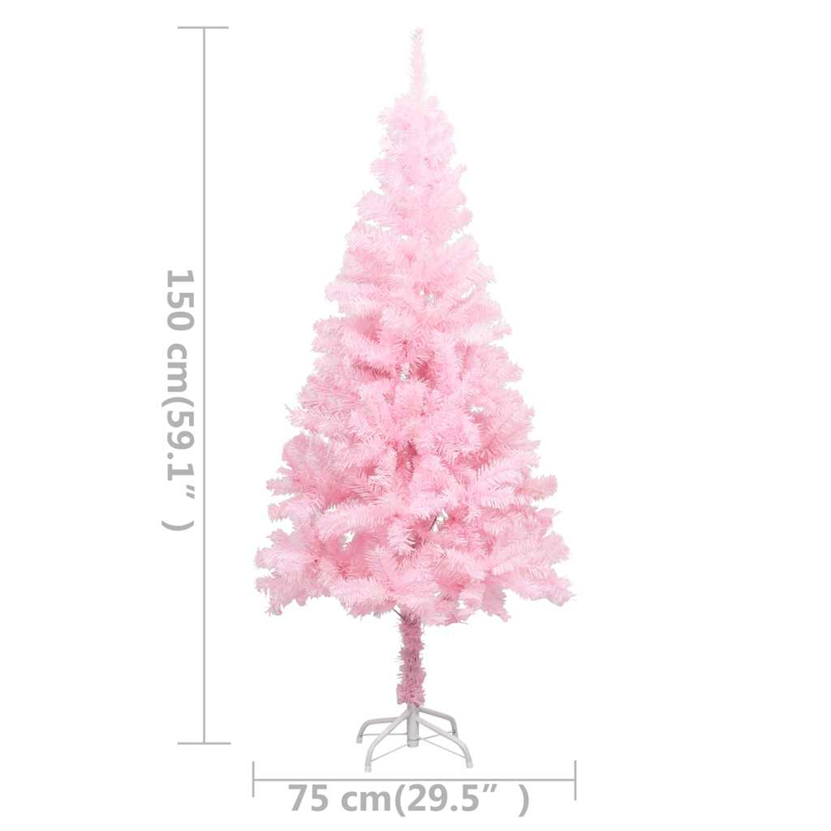Ein rosa künstlicher Weihnachtsbaum auf weißem Hintergrund. Maße: 150 cm Höhe, 75 cm Breite.