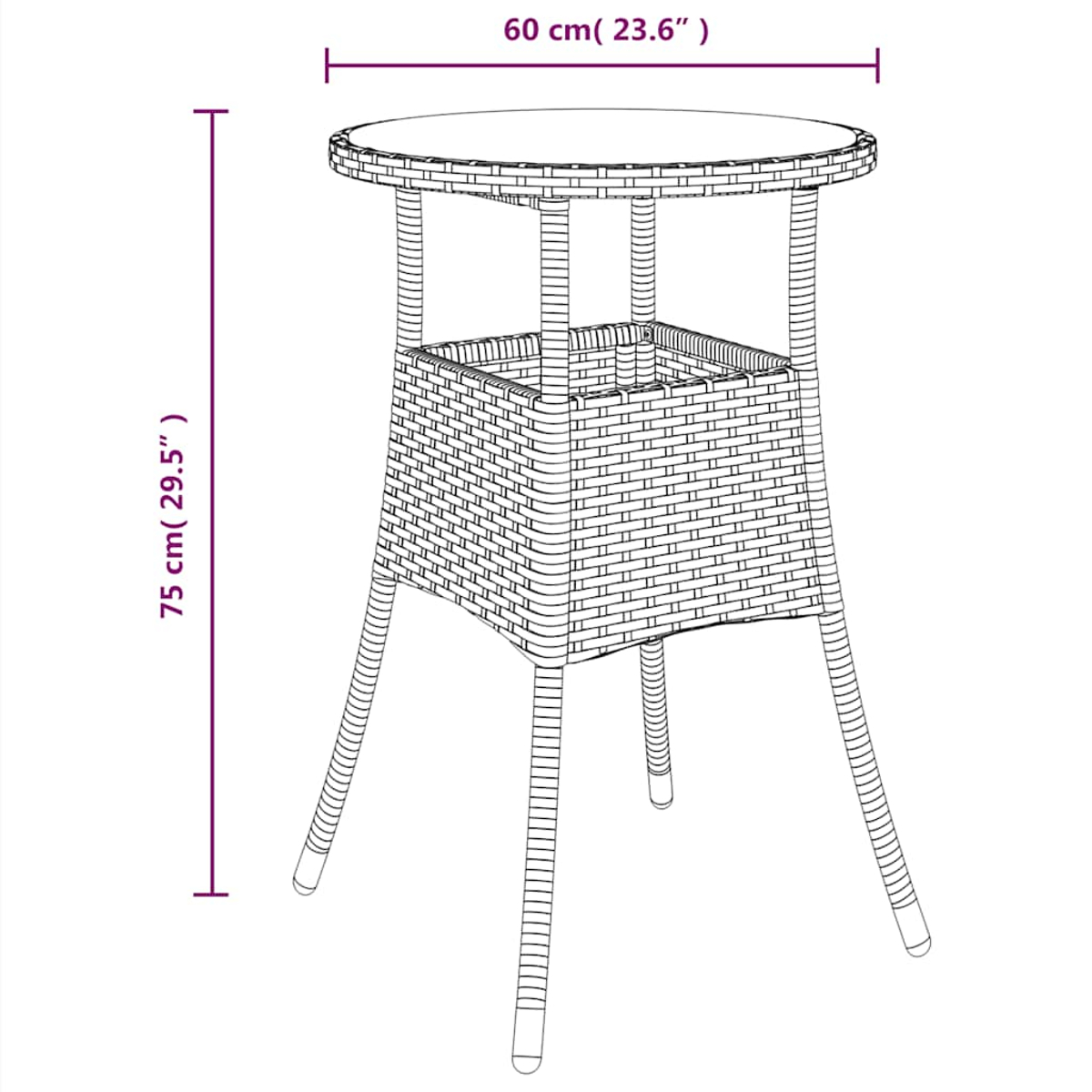 Ein Rattantisch mit runder Tischplatte, gewebtem Mittelteil und vier dünnen Beinen. Maße: 60 cm breit und 75 cm hoch.