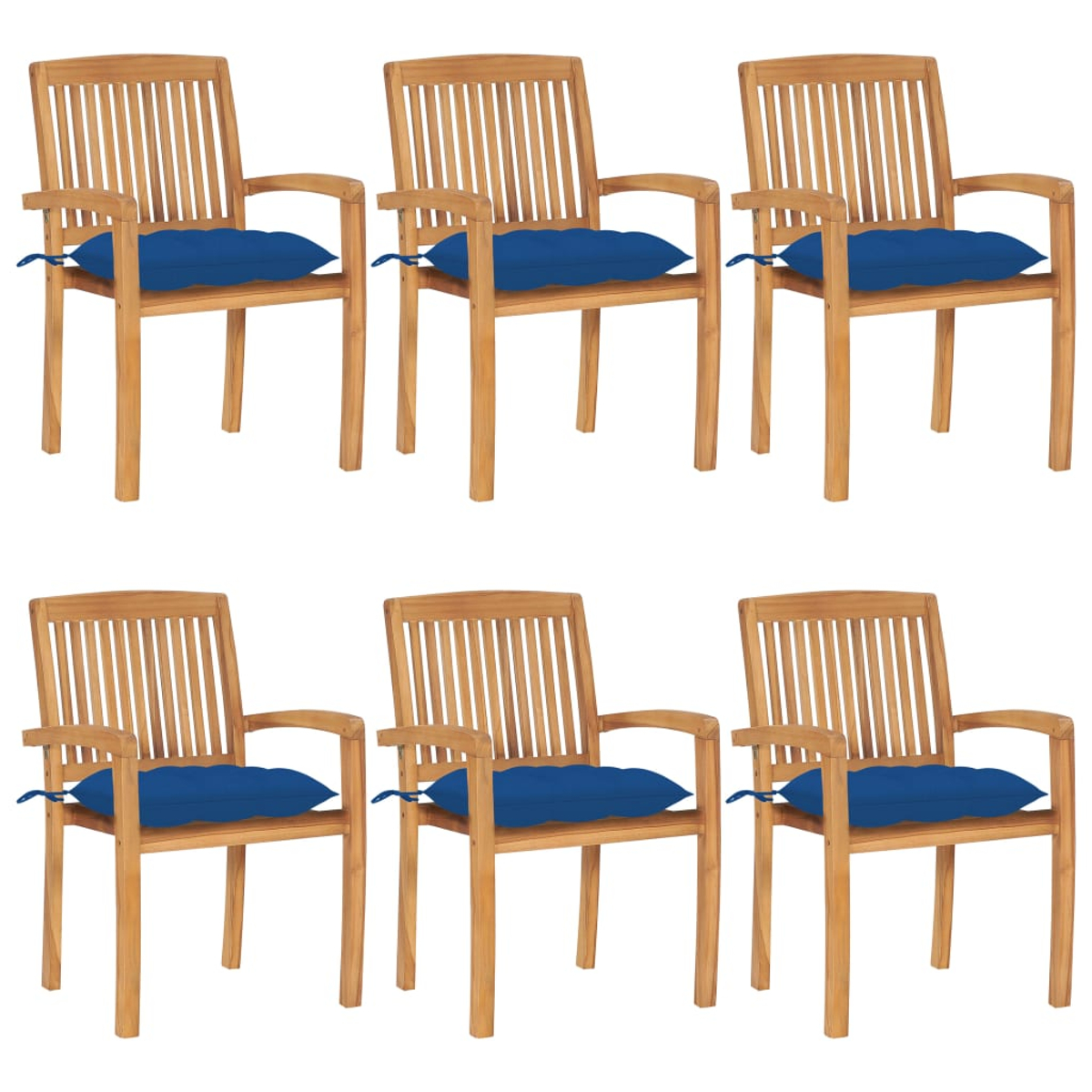 Sechs Holzstühle mit blauen Kissen sind angeordnet. Stühle haben Armlehnen und Lattenroste. Kissen sind rechteckig.