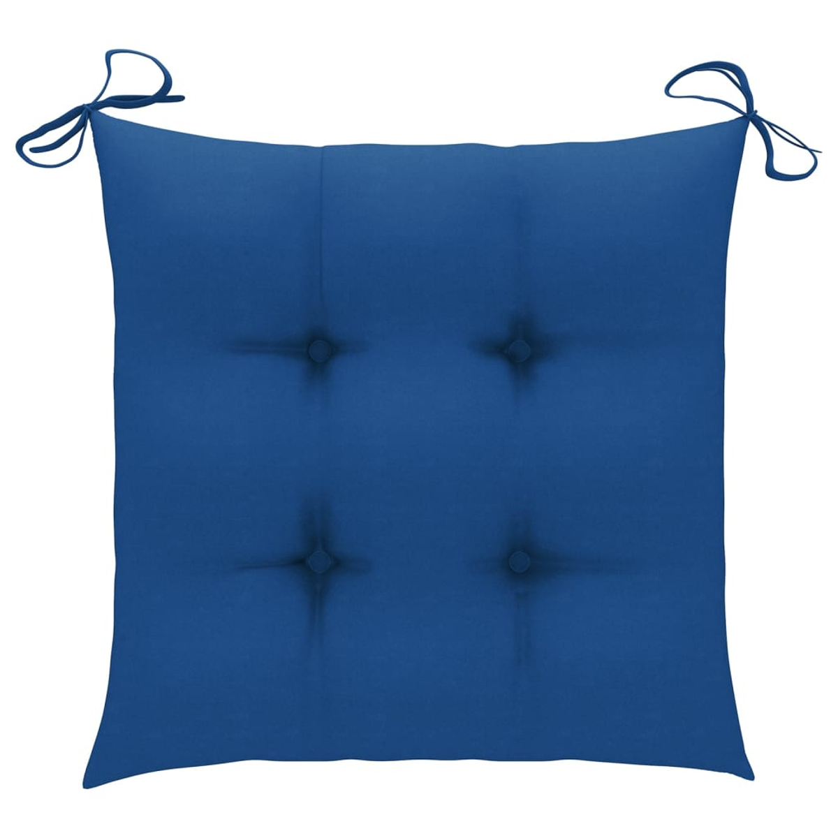 Ein quadratisches, gepolstertes Kissen in tiefem Blau. Es hat vier knopfartige Vertiefungen und Bindebänder an jeder Ecke. Der Hintergrund ist weiß.