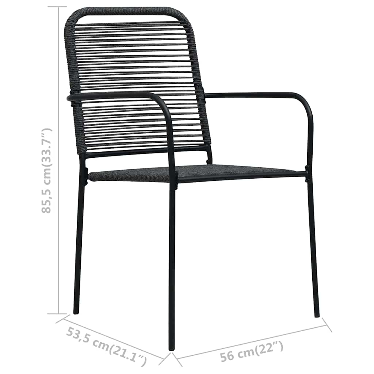 Schwarzer Outdoor-Stuhl. Er hat Armlehnen und einen Sitz aus gewebtem Material. Die Abmessungen sind an der Seite angegeben.