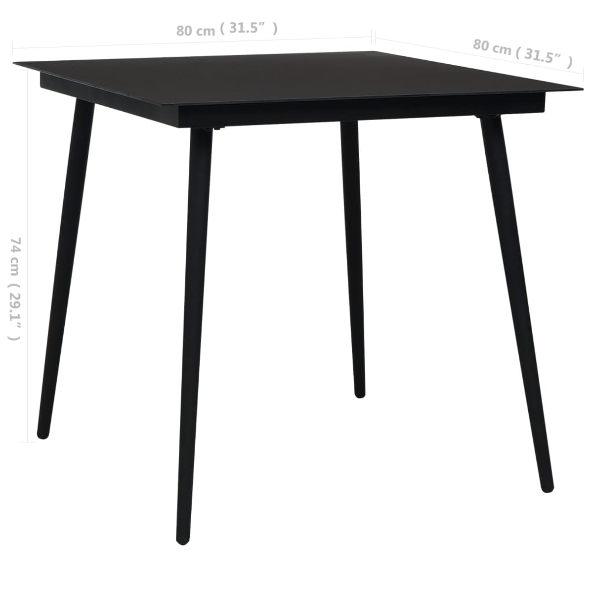 Ein schwarzer quadratischer Tisch mit vier schwarzen Beinen. Abmessungen sind beschriftet: 80 cm x 80 cm für die Oberseite und 74 cm für die Höhe.