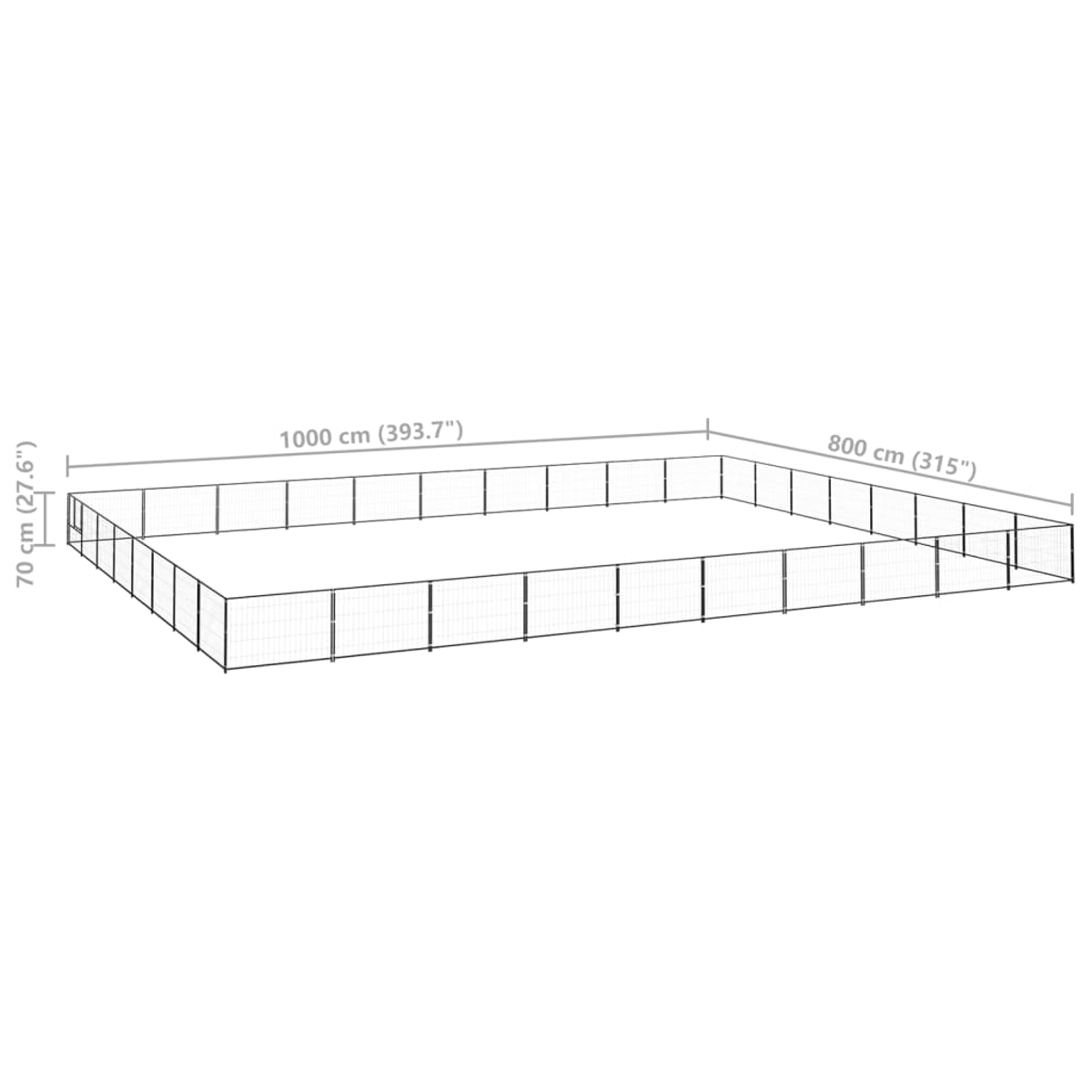 Ein rechteckiger Metallzaun, die Abmessungen sind beschriftet: 1000 cm, 800 cm und 70 cm. Der Hintergrund ist schlicht weiß.