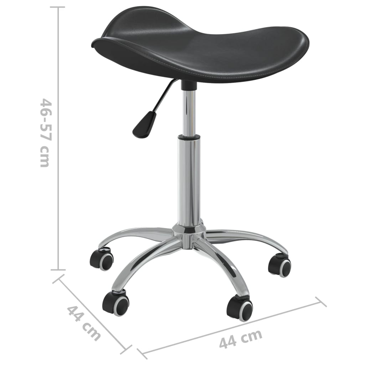 Schwarzer, verstellbarer Hocker mit geschwungener Sitzfläche und Chromfuß mit Rollen. Maße: 44 cm breit, 46-57 cm hoch.