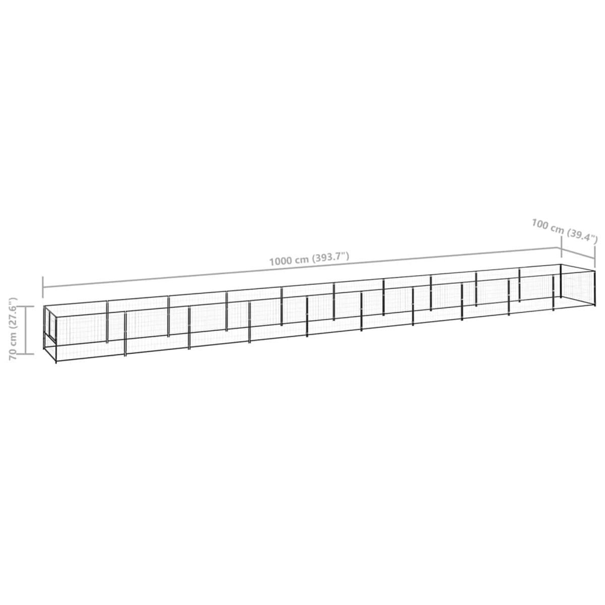 Ein langer, rechteckiger, schwarzer Drahtzaun mit Maßangaben. Er ist 1000 cm lang, 70 cm hoch und 100 cm breit.