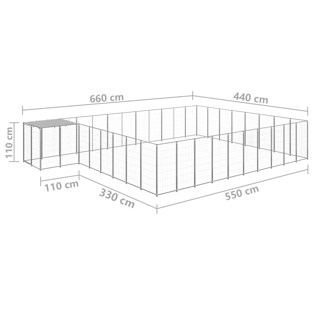 Eine Illustration eines Hundeauslaufs aus Metall mit Maßangaben. Der Auslauf ist rechteckig mit einem überdachten Bereich.