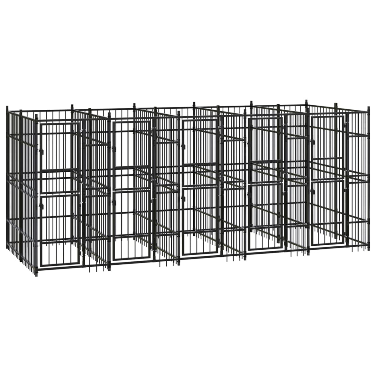 Ein schwarzes Metall-Hundezwinger-System. Mehrere verbundene Zwinger mit Türen sind sichtbar. Der Hintergrund ist weiß.
