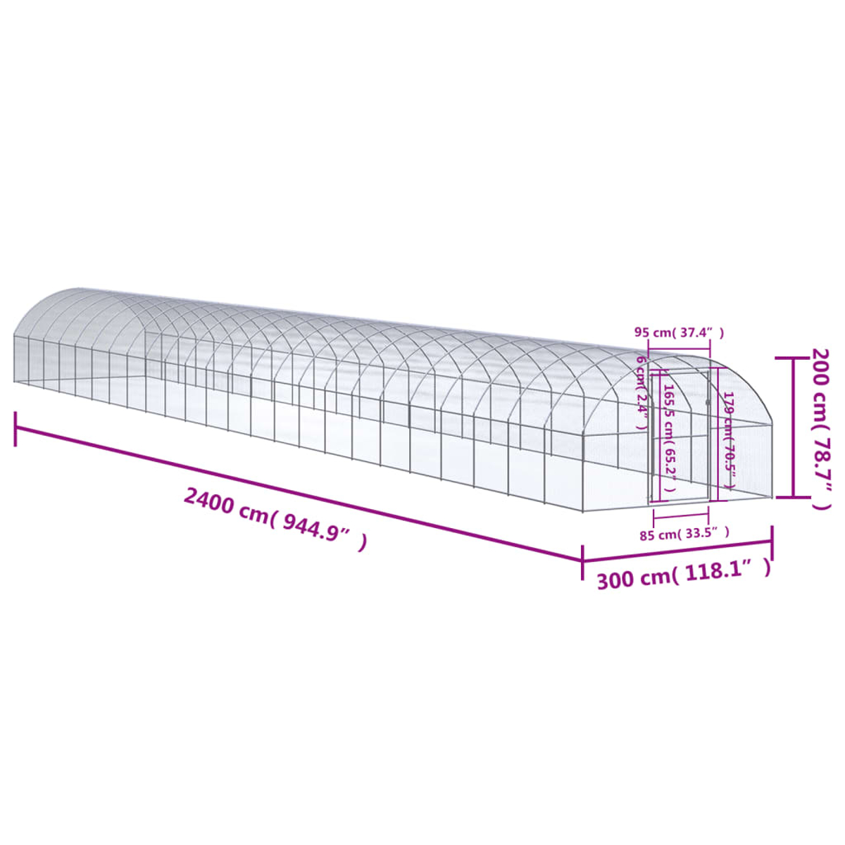 Ein transparentes Gewächshaus mit angegebenen Abmessungen. Die Struktur ist lang und gewölbt, mit Maßen von 2400 cm, 300 cm und 200 cm.