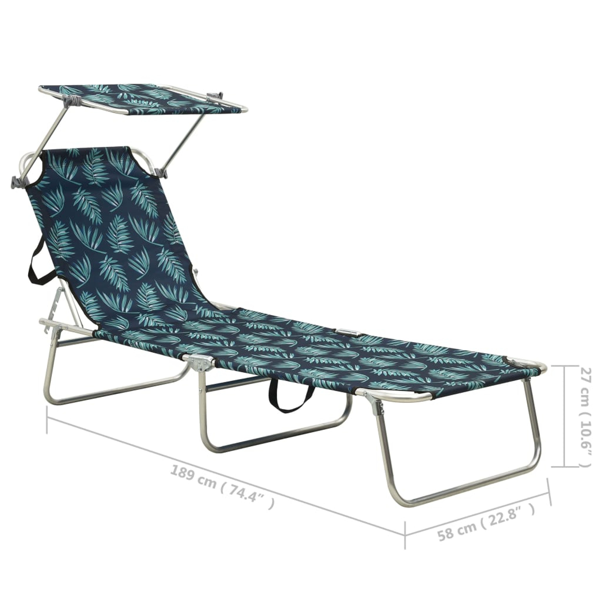 Ein zusammenklappbarer Strandstuhl mit blauem Stoff mit floralem Muster. Er hat ein Verdeck und einen Metallrahmen. Abmessungen sind angezeigt.