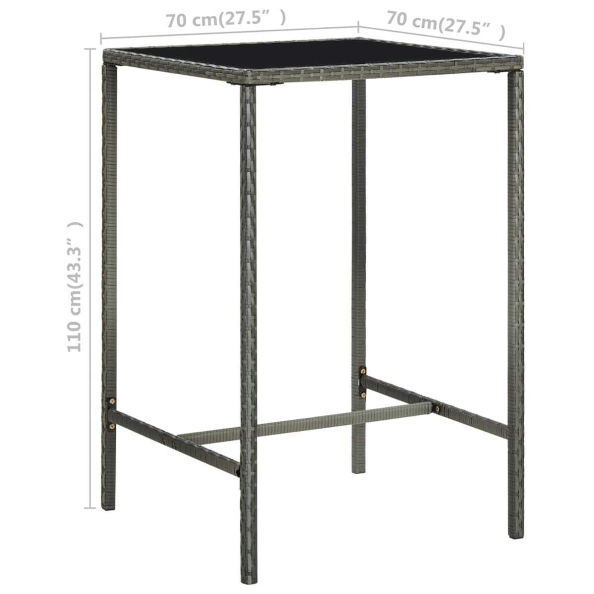 Ein grauer Rattan-Bartisch mit quadratischer schwarzer Platte. Abmessungen: 70 cm x 70 cm x 110 cm.