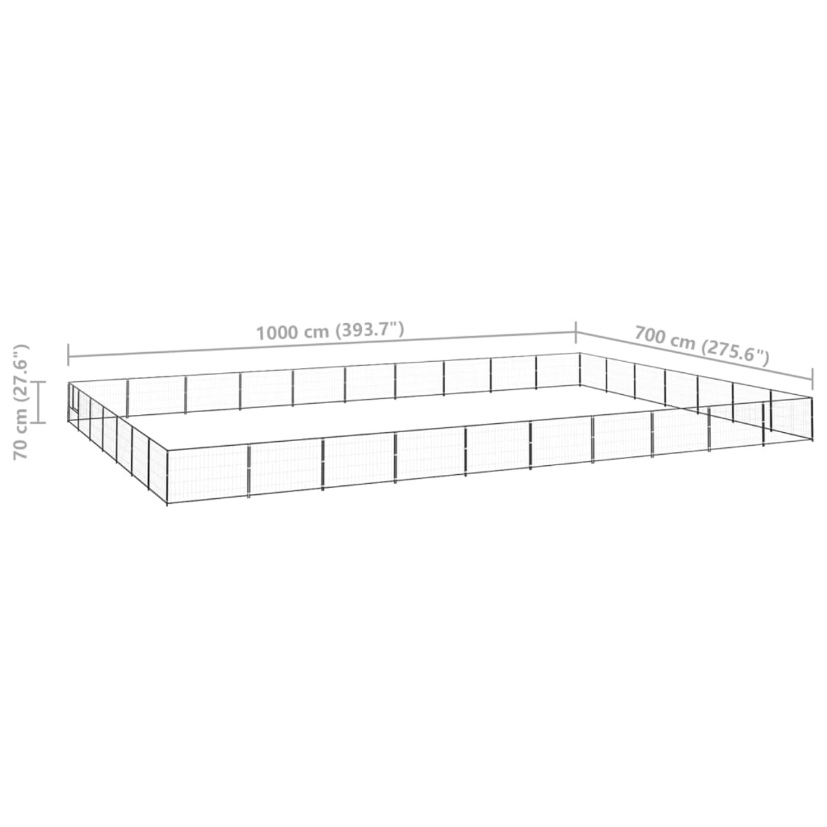 Ein rechteckiger schwarzer Zaun. Abmessungen sind angegeben: 1000 cm, 700 cm und die Höhe beträgt 70 cm.