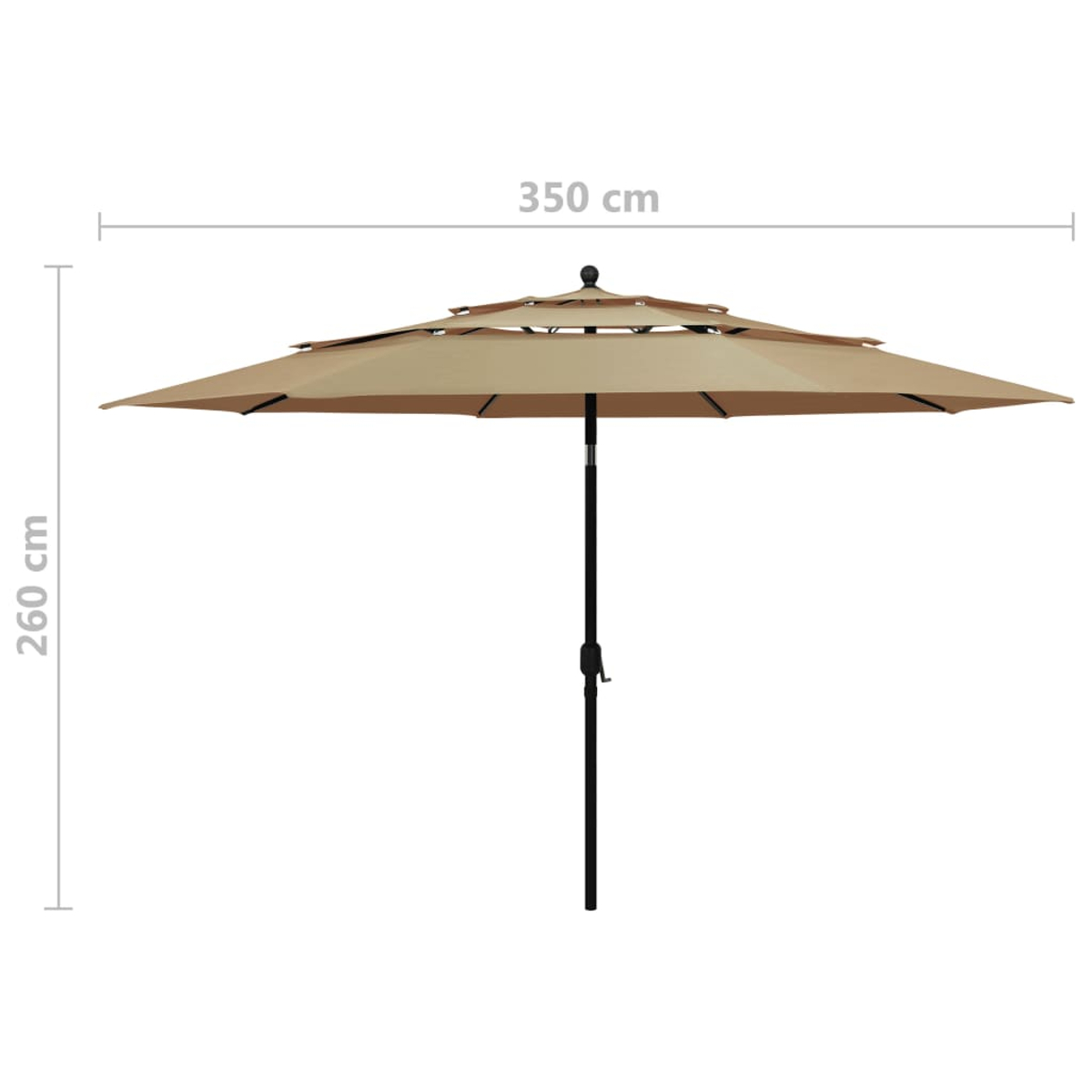 Ein beigefarbener Sonnenschirm, 260 cm hoch und 350 cm breit, mit schwarzem Mast. Abmessungen sind mit Linien und Text angegeben.