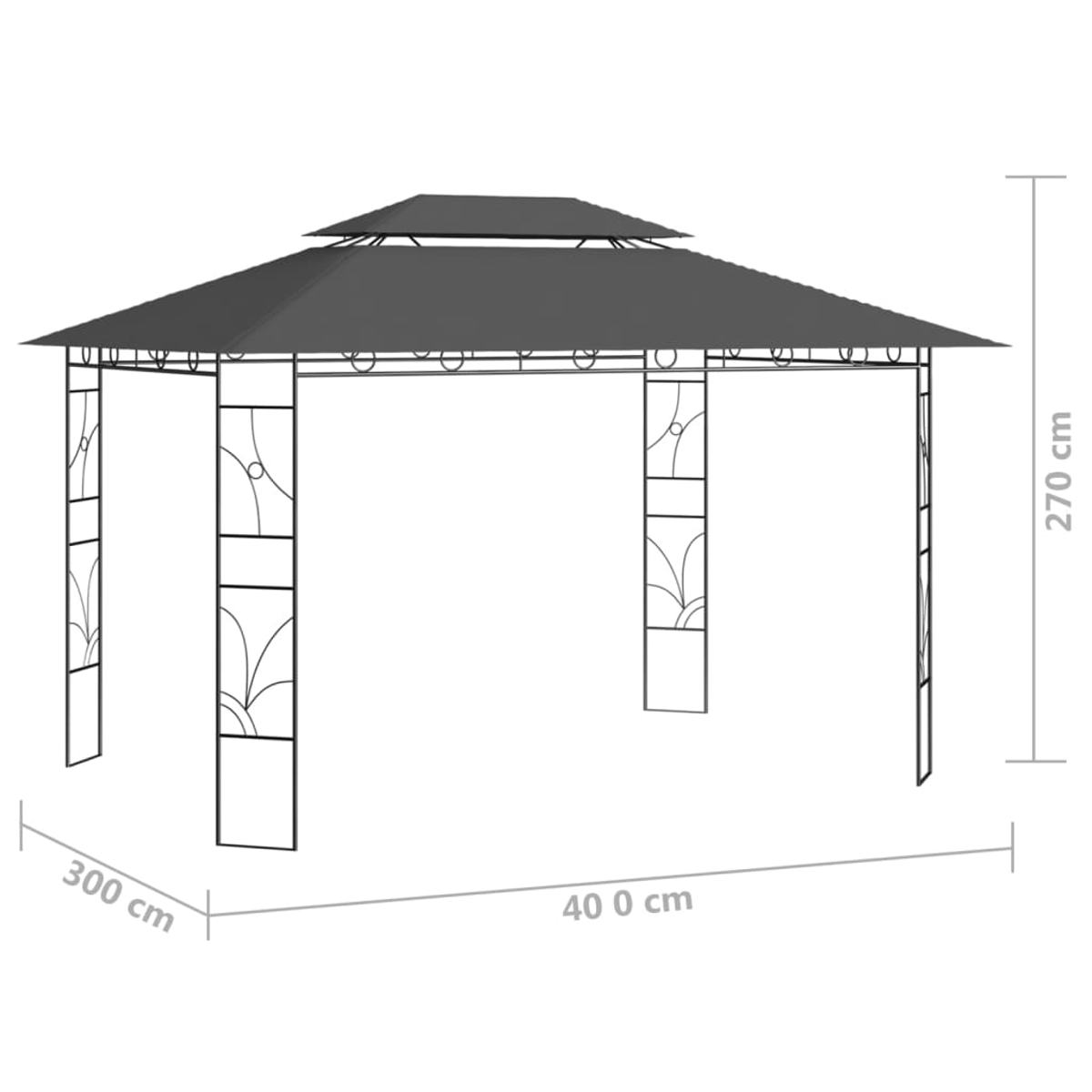 Ein schwarzer Metallpavillon mit mehrschichtigem Dach wird präsentiert. Abmessungen: 400 cm Breite, 300 cm Tiefe und 270 cm Höhe.