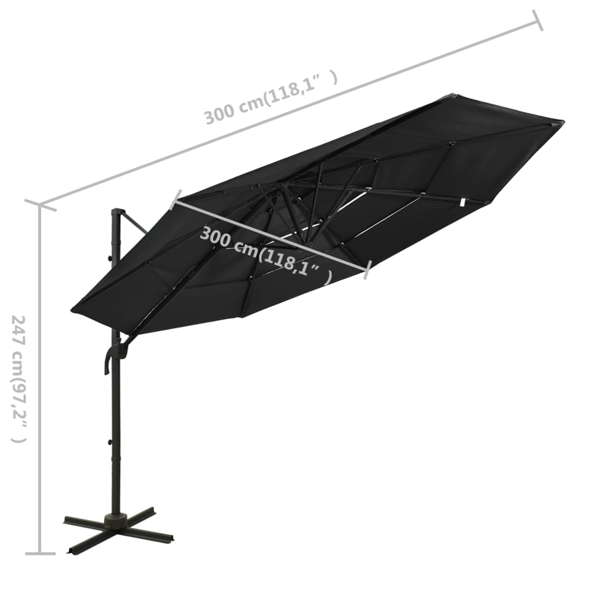 Ein schwarzer Ausleger-Sonnenschirm. Abmessungen mit Text angegeben: 300 cm, 247 cm. Der Sockel hat eine Kreuzform.