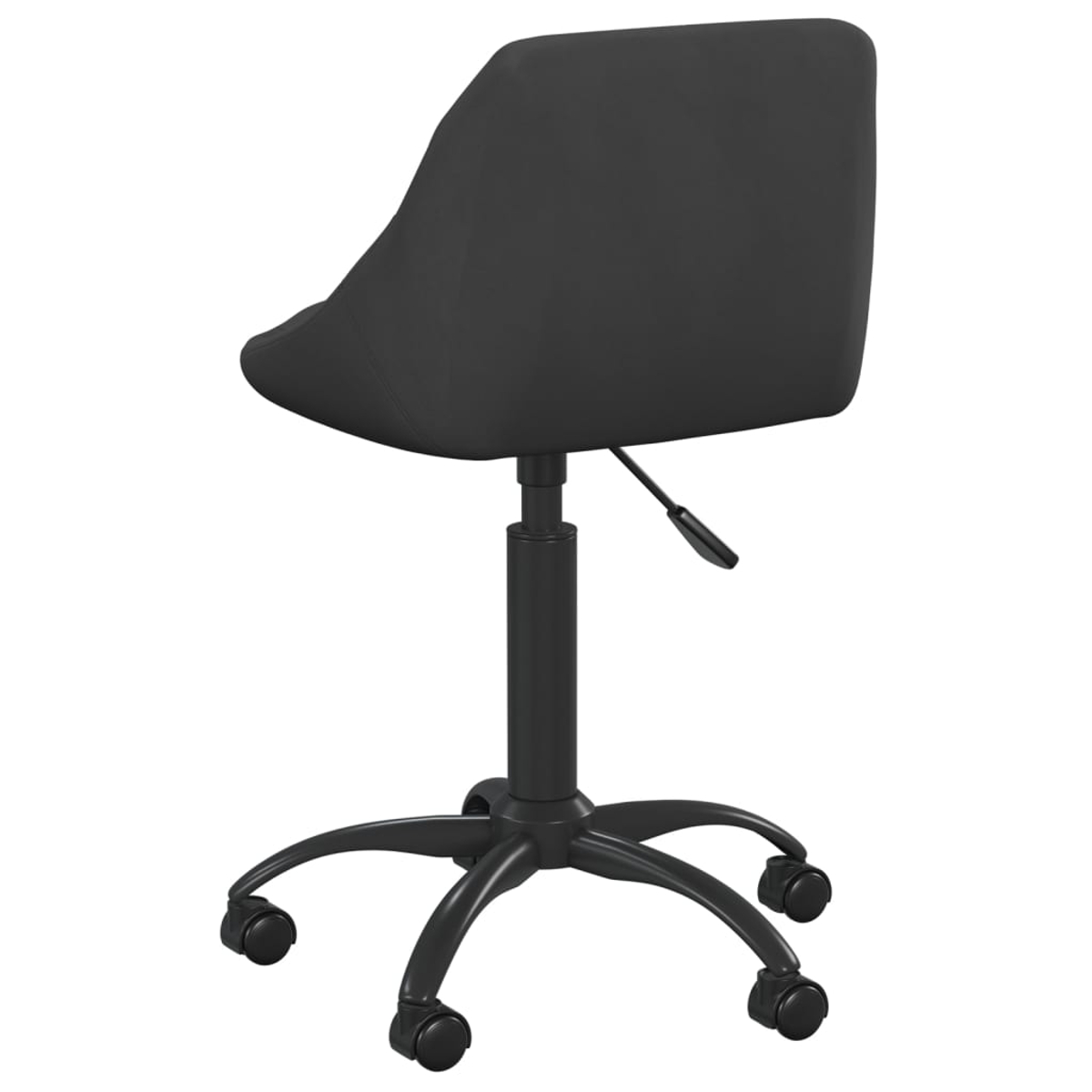 Ein schwarzer Bürostuhl mit Rückenlehne und armlosem Design. Er hat ein Fünf-Sterne-Gestell mit Rollen und einen Hebel zur Höhenverstellung.
