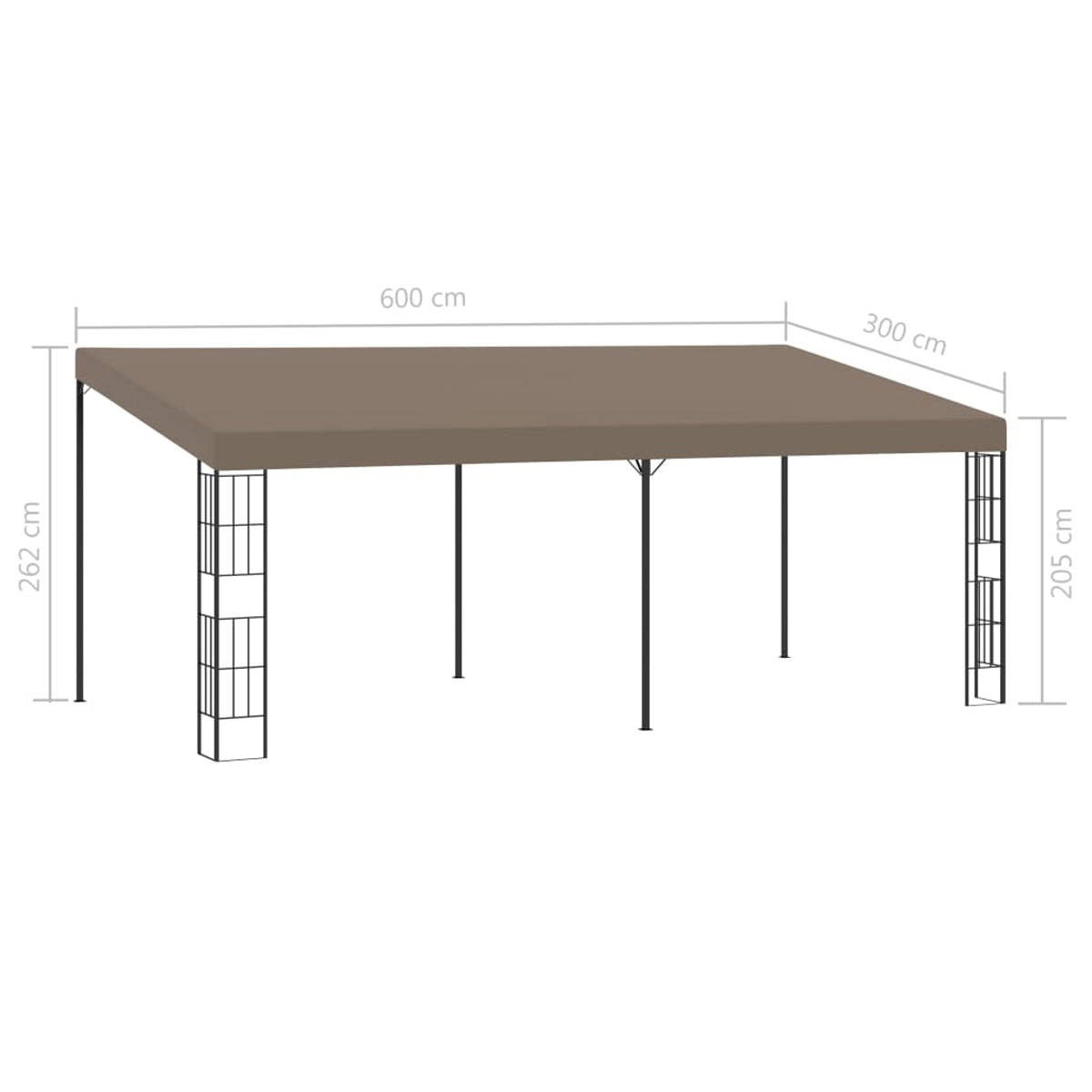 Ein brauner rechteckiger Pavillon mit beschrifteten Abmessungen. Der Pavillon hat schwarze Stützsäulen und ein braunes Dach. Der Hintergrund ist weiß.