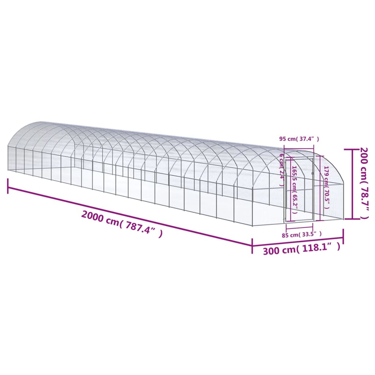Diagramm eines Gewächshauses mit Maßangaben in Zentimetern und Zoll. Das Gewächshaus ist gewölbt und rechteckig.
