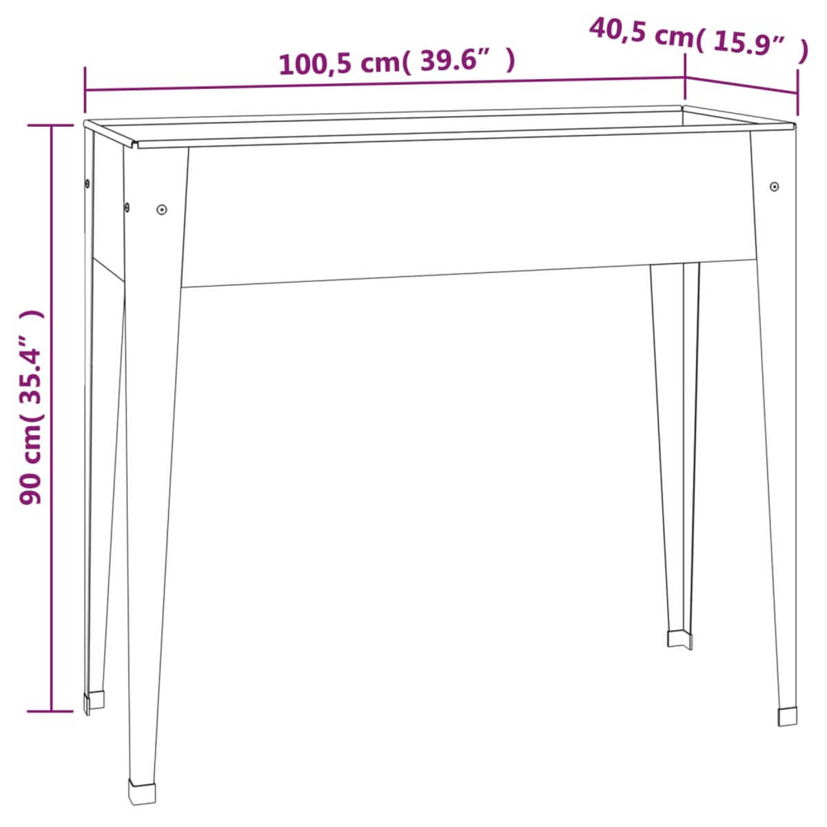 Zeichnung eines rechteckigen Pflanzgefäßes mit vier Beinen. Maße sind beschriftet: 100,5 cm (39,6"), 40,5 cm (15,9"), und 90 cm (35,4").