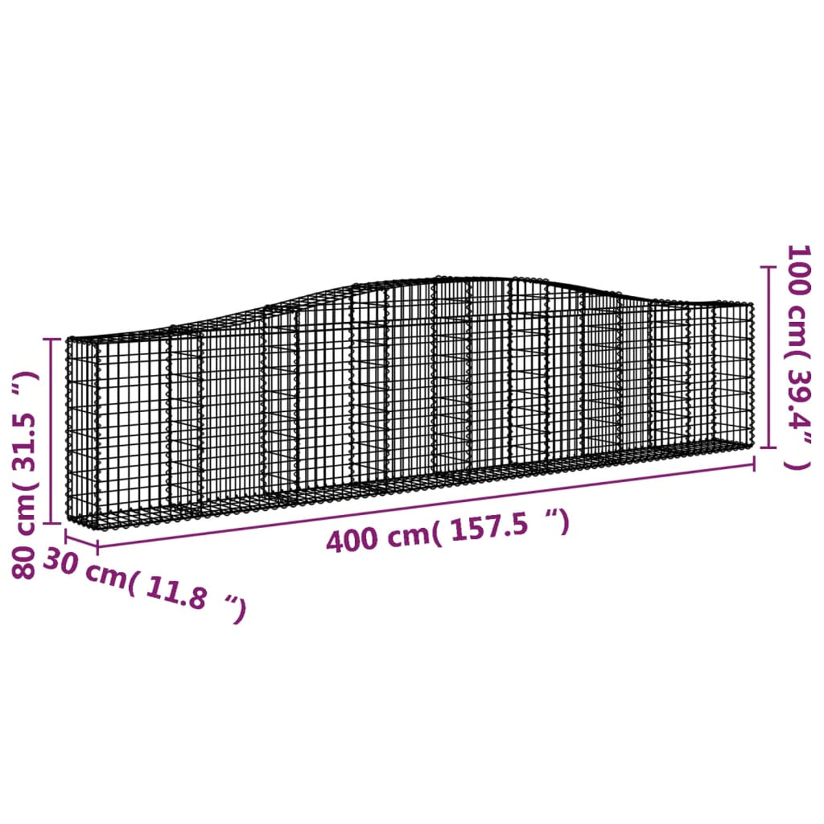 Eine schwarze Metallkäfigstruktur mit beschrifteten Abmessungen. Sie ist 400 cm lang, 100 cm hoch und 80 cm breit. Die Maße sind angegeben.