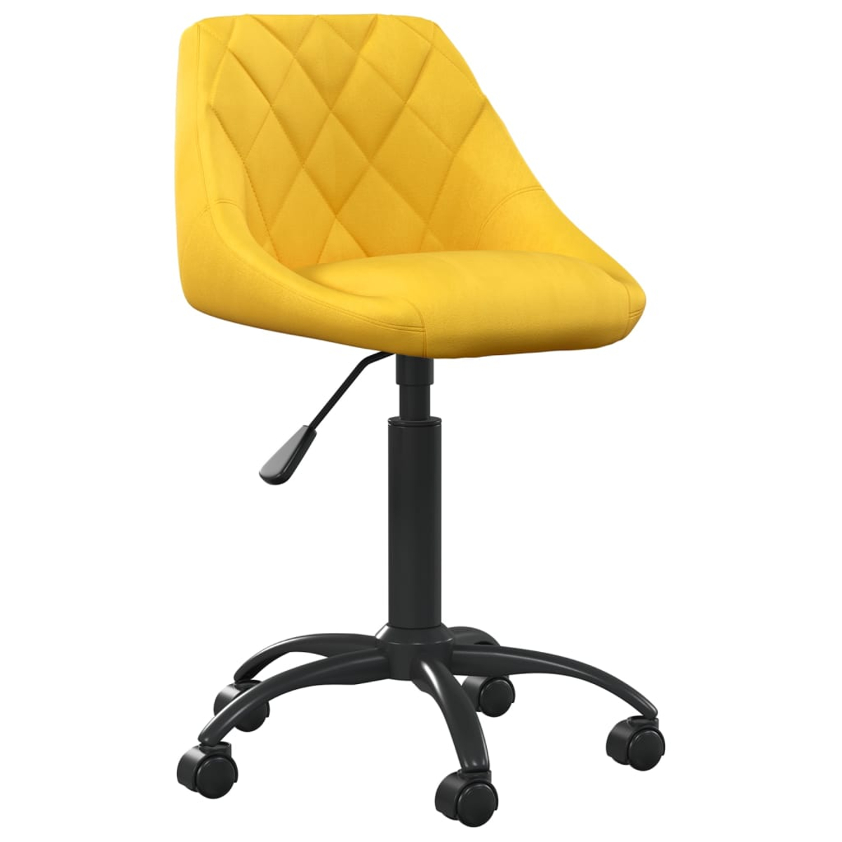Ein gelber Bürostuhl mit Rautenmuster. Er hat ein schwarzes Untergestell mit Rollen und einem Hebel. Der Hintergrund ist weiß.
