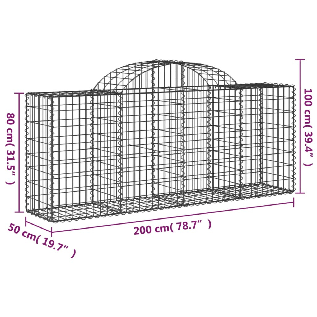 Ein Drahtgitter-Gabion mit beschrifteten Abmessungen. Es ist rechteckig, mit einem gebogenen oberen Abschnitt. Maße sind in cm und Zoll angegeben.