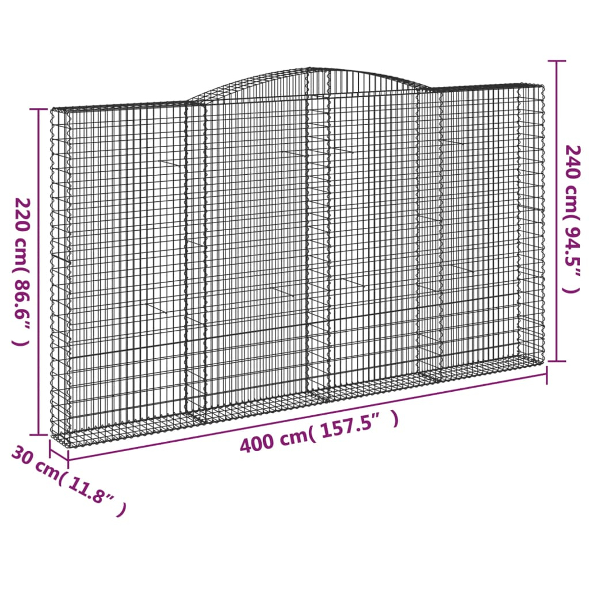 Ein Drahtzaun mit den angegebenen Abmessungen: 220 cm (86,6"), 240 cm (94,5"), 30 cm (11,8") und 400 cm (157,5").