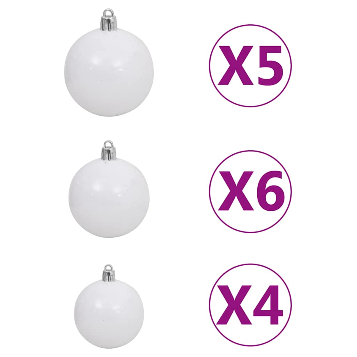 Drei weiße Weihnachtskugeln mit silbernen Aufsätzen. Kreise mit den Zahlen X5, X6 und X4 in Lila sind daneben.