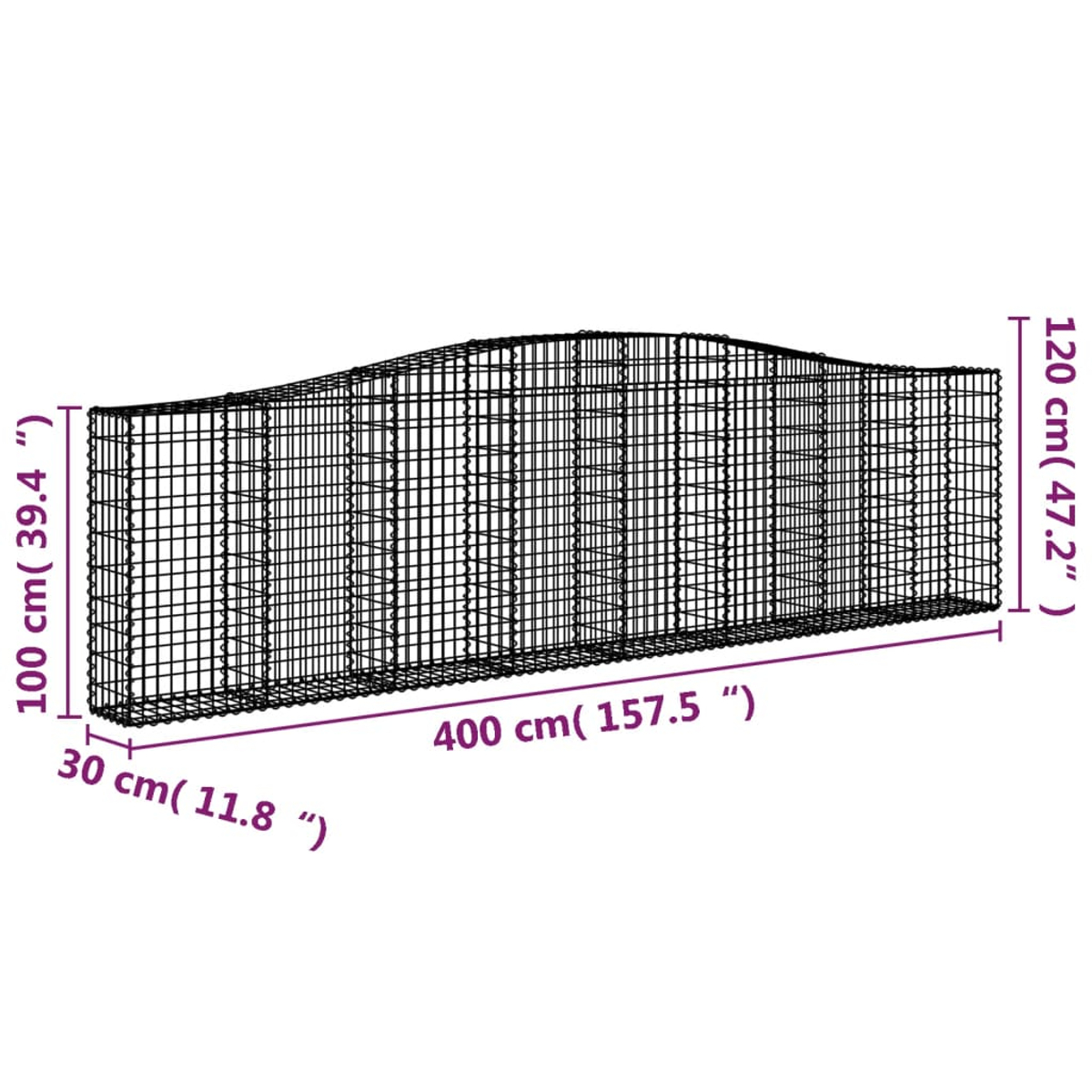 Ein schwarzer Drahtkäfig. Abmessungen sind beschriftet: 100x30x400cm. Seitenhöhe ist 120cm. Die Struktur ist für den Außenbereich, auf weißem Hintergrund.
