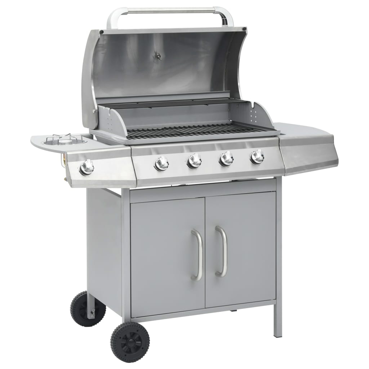 Ein Edelstahlgrill mit offenem Deckel. Er hat vier Brenner, einen Seitenbrenner und einen Unterschrank. Räder sind vorhanden.