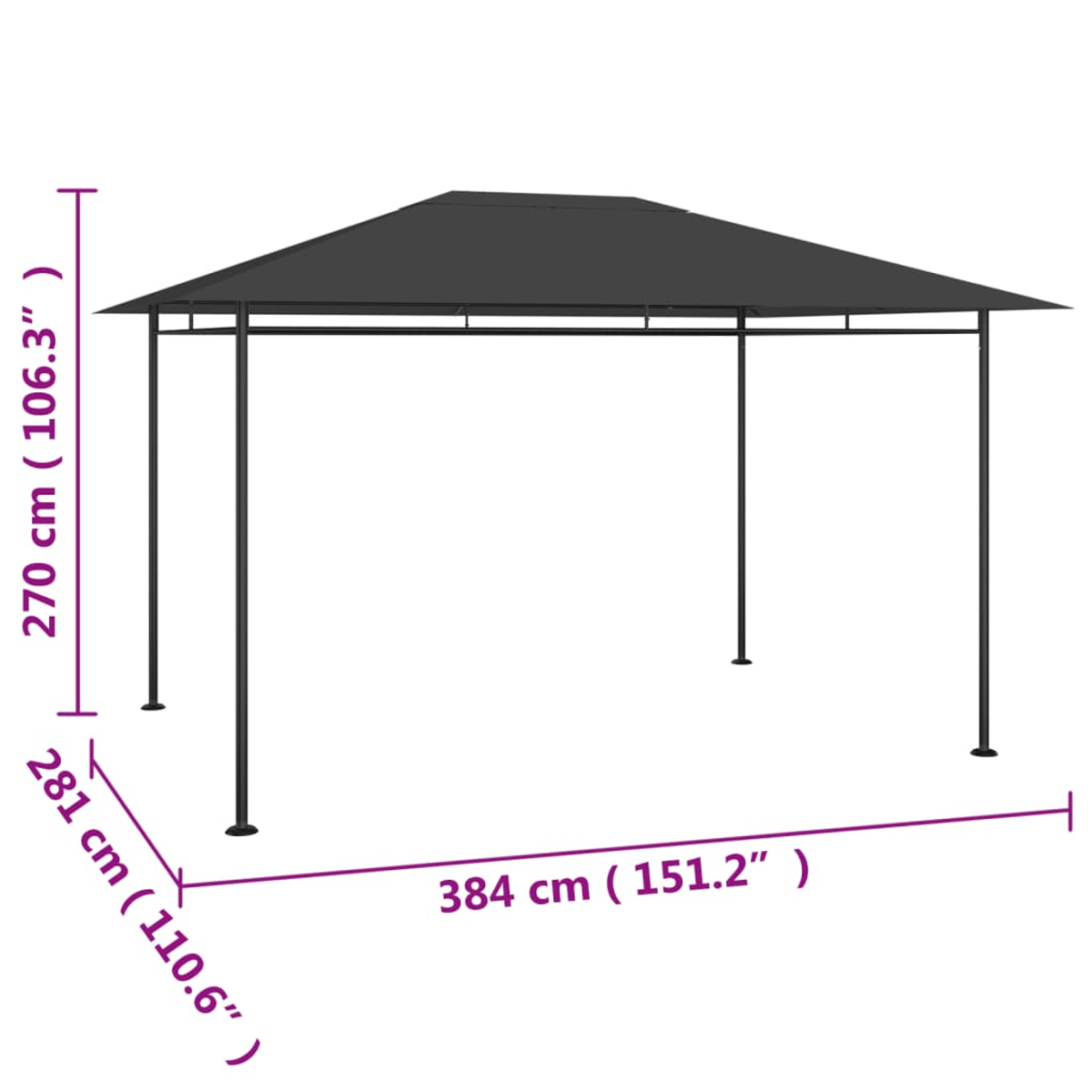 Ein schwarzer Pavillon mit dunklem Dach wird gezeigt. Abmessungen sind angegeben: 270cm hoch, 281cm breit und 384cm lang.