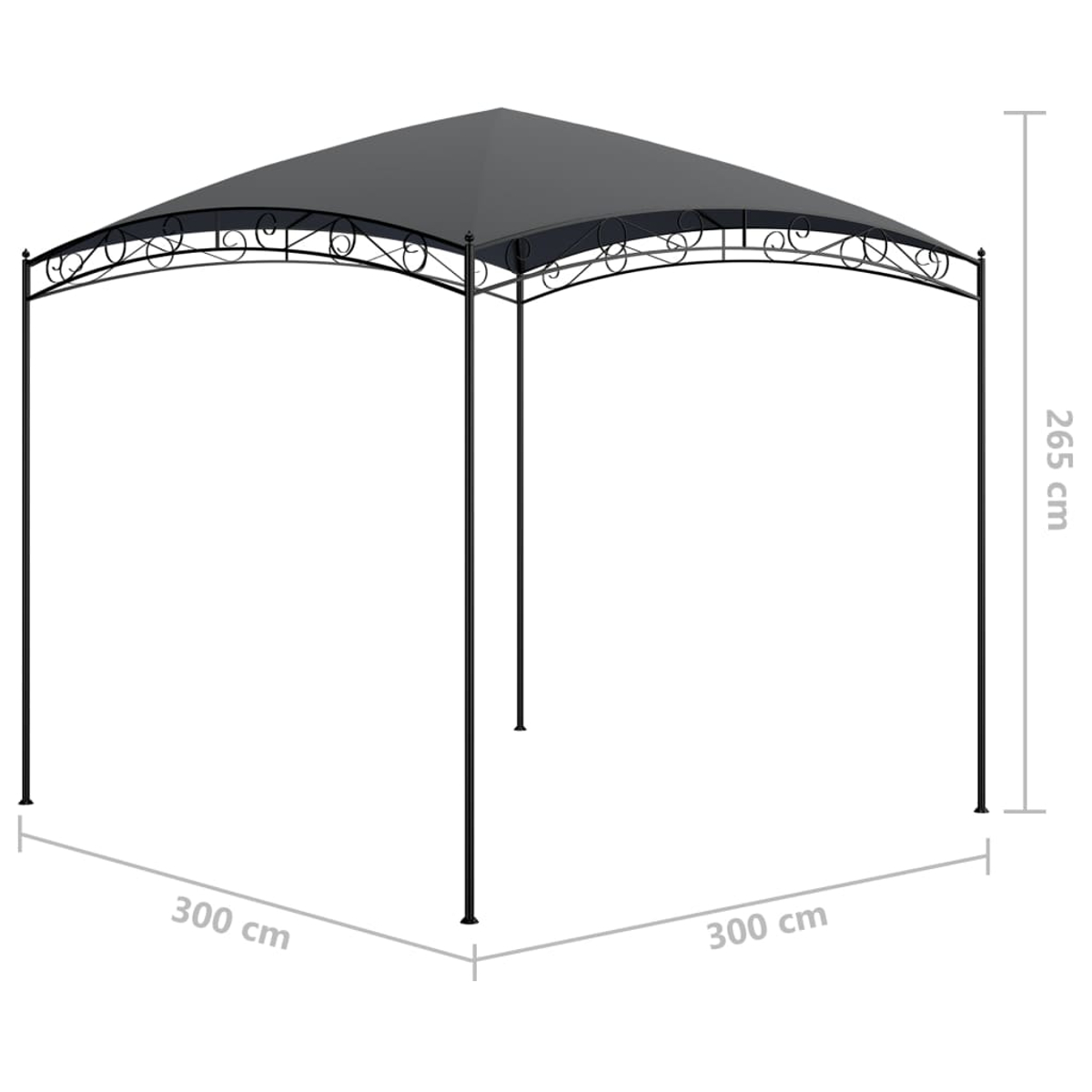 Ein schwarzer Pavillon mit Baldachin, 300x300 cm, und 265 cm Höhe. Mit dekorativen Metallarbeiten am Rahmen.