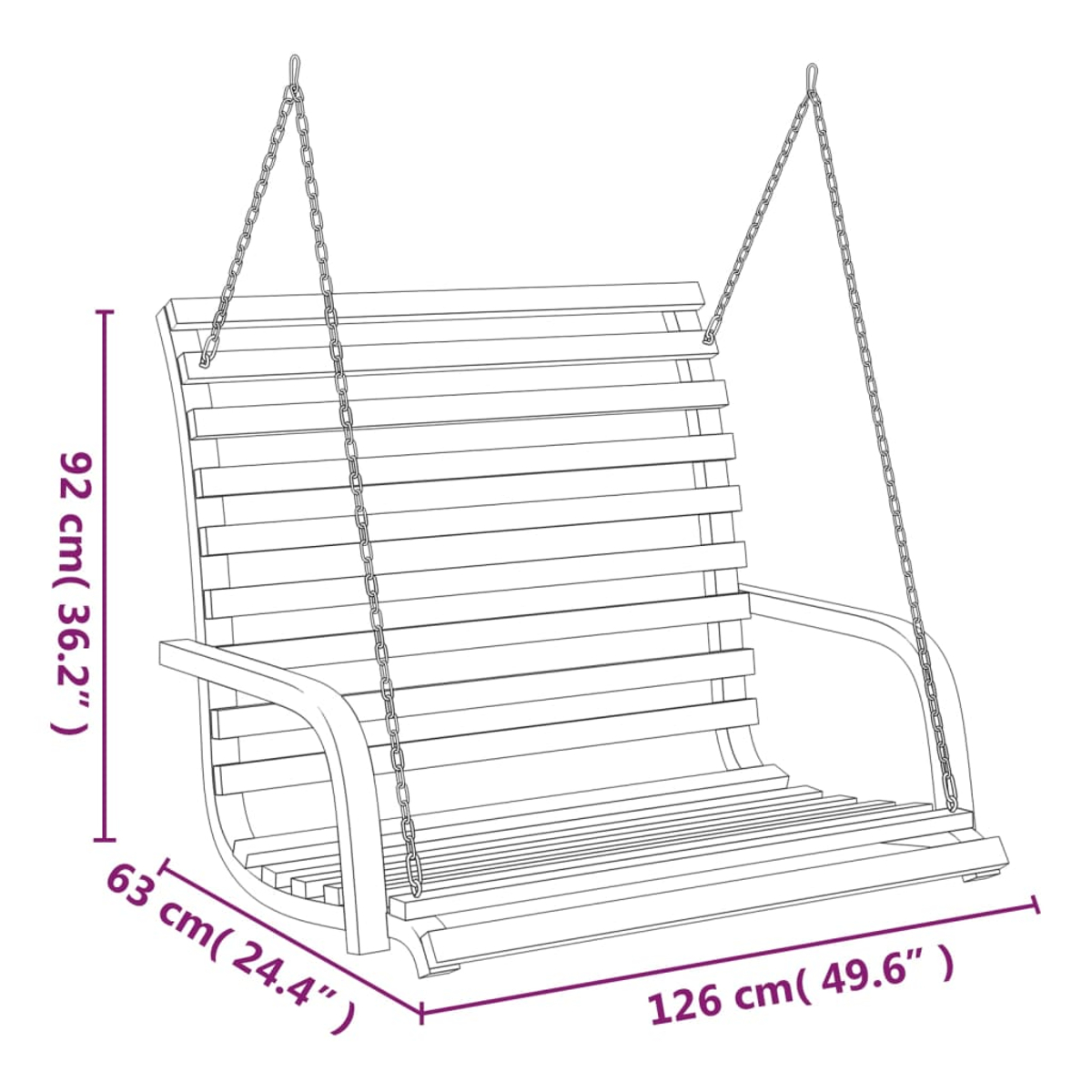 Eine Holzschaukelbank mit den Maßen: 92 cm hoch, 63 cm breit und 126 cm lang, an Ketten aufgehängt.