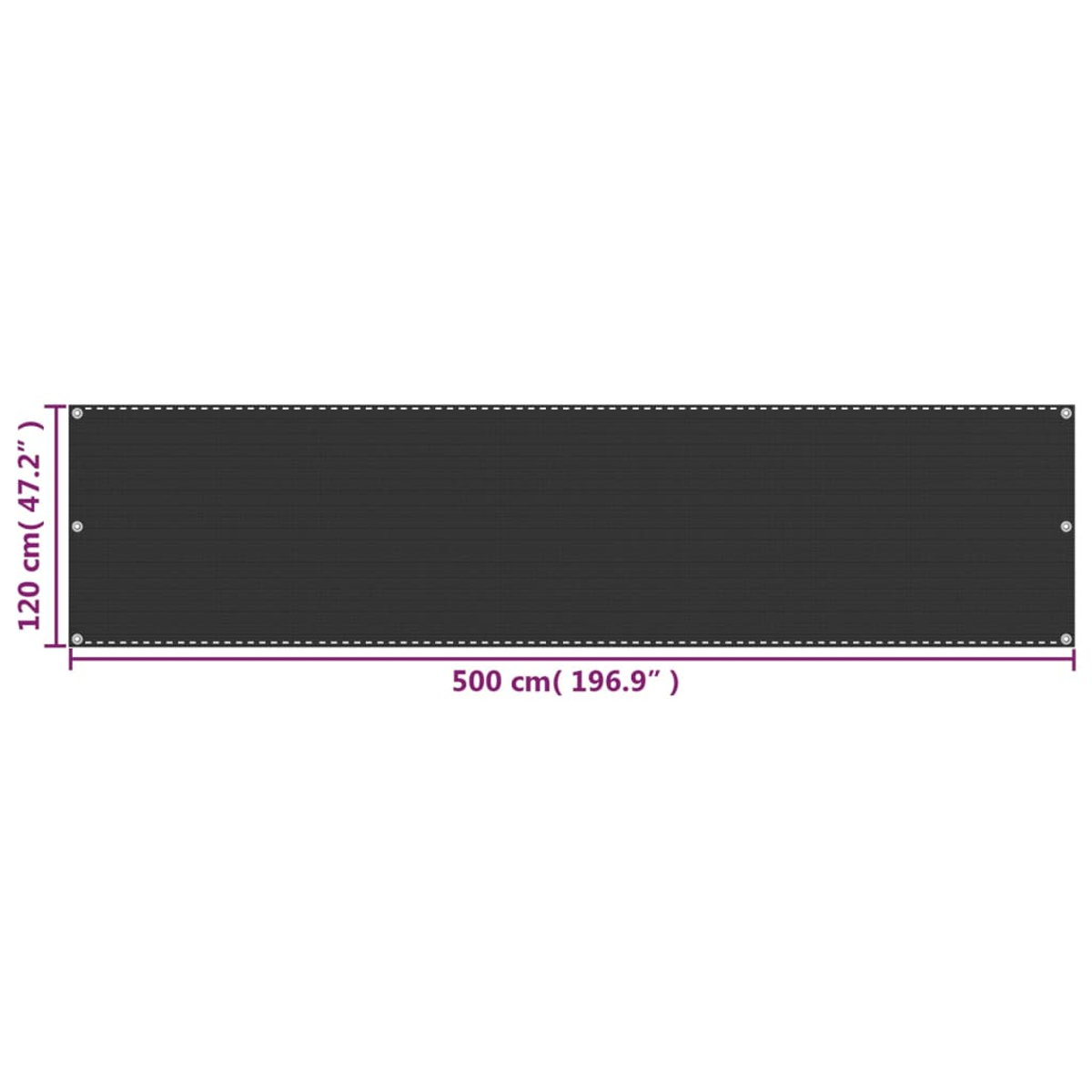 Ein schwarzer rechteckiger Sichtschutz mit weißen gepunkteten Linien, Abmessungen 120 cm x 500 cm. Text beschriftet die Abmessungen.