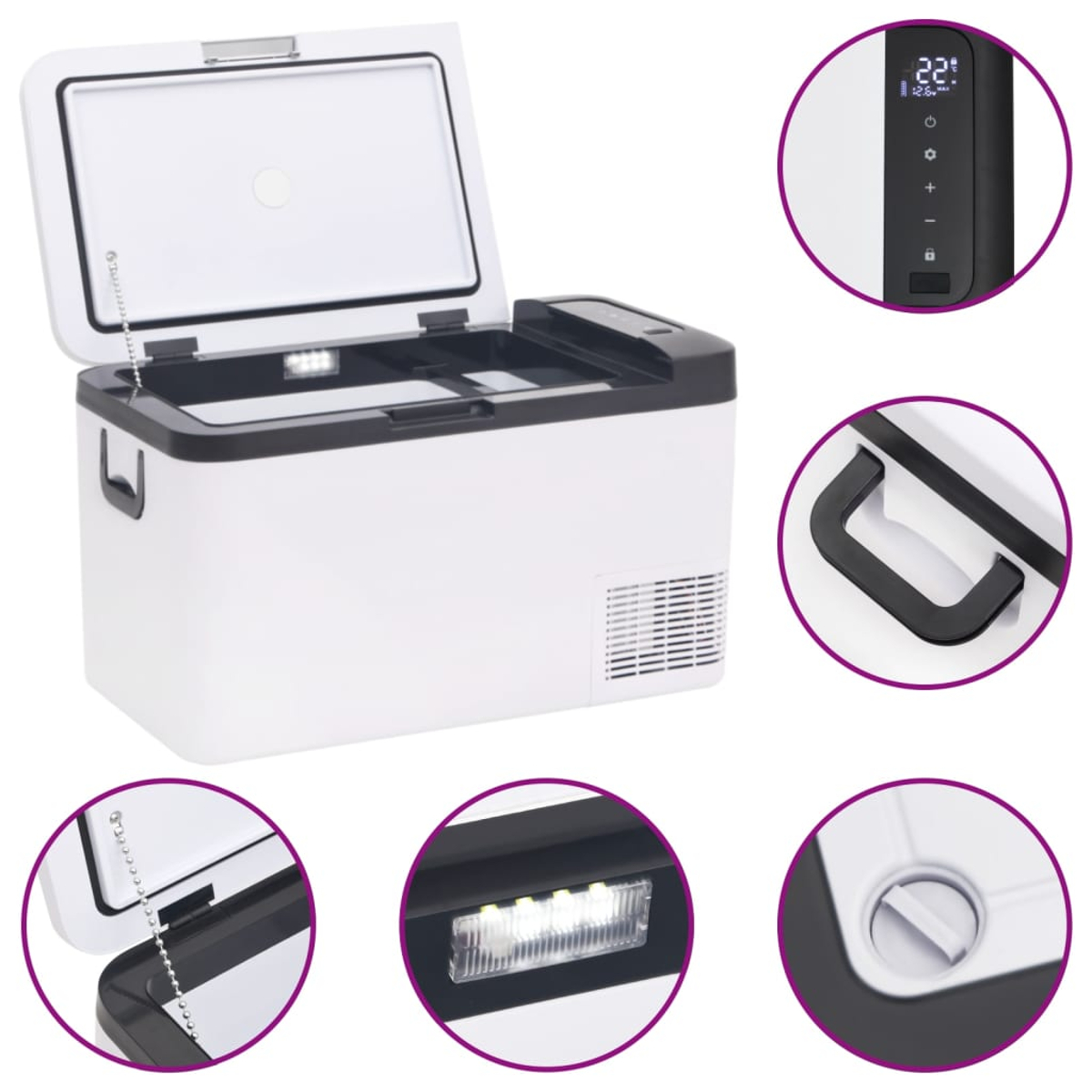 Eine weiße tragbare Kühlbox mit offenem Deckel. Sie hat einen schwarzen Deckel und Griff. Details umfassen Bedienfeld und Innenbeleuchtung.