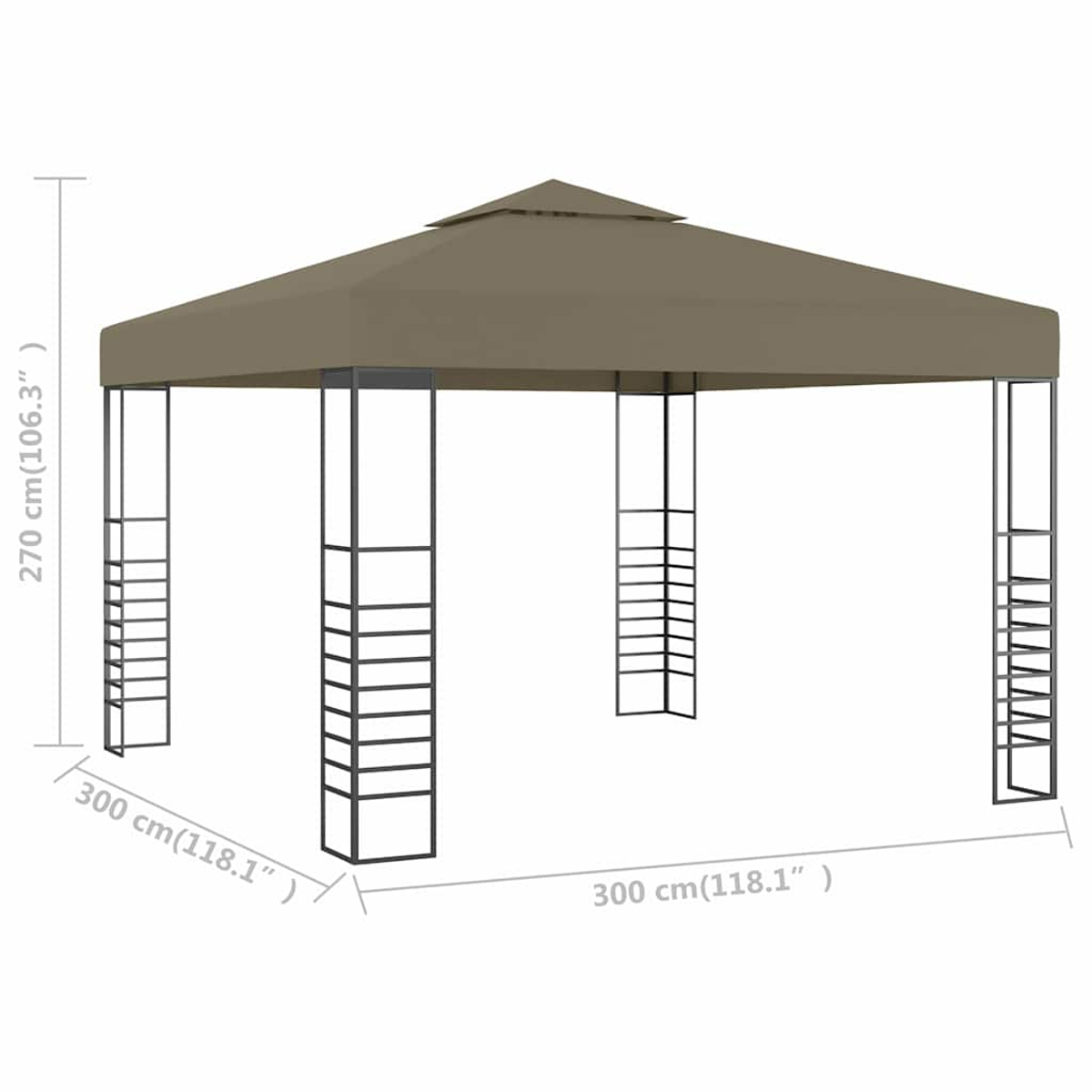 Ein brauner Pavillon mit quadratischem Dach. Er hat schwarze Metallstützen und ist 300 cm x 300 cm groß und 270 cm hoch.