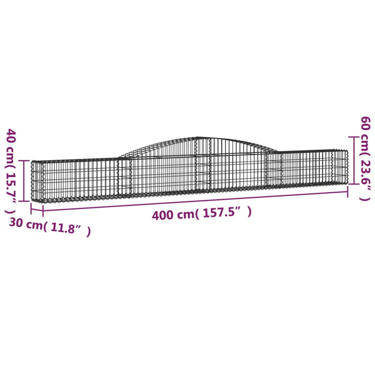 Ein schwarzer Metall-Gartenzaun mit Maßangaben in cm und Zoll. Der Zaun ist oben gebogen.