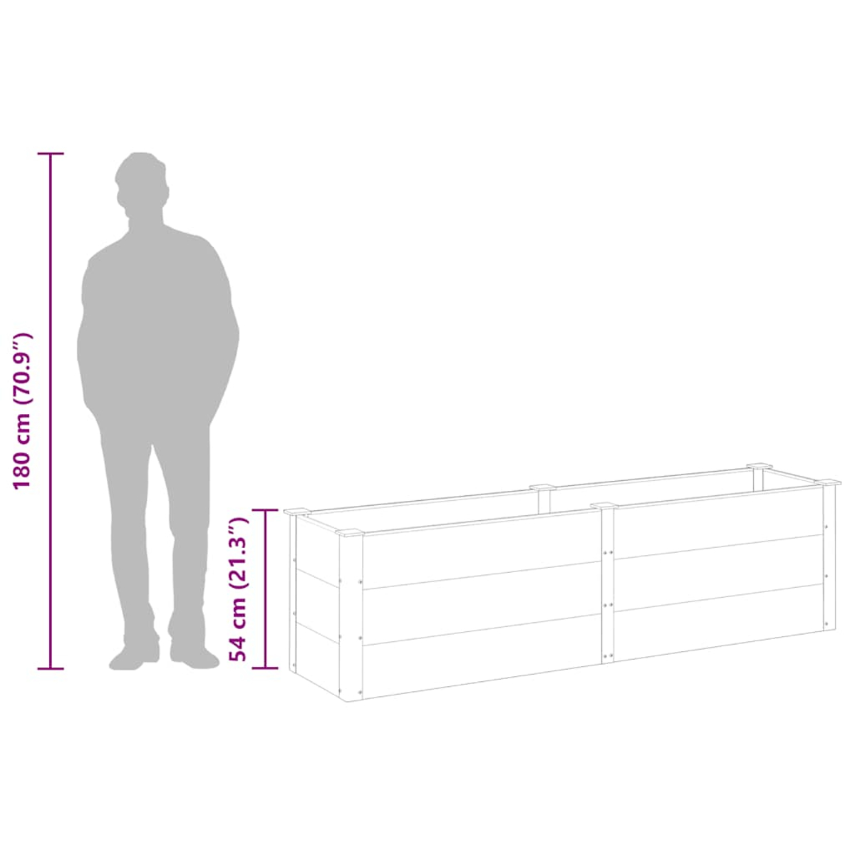 Eine Person Silhouette steht neben einem Holzpflanzkasten. Abmessungen: 180 cm (70,9") Höhe und 54 cm (21,3") Breite.