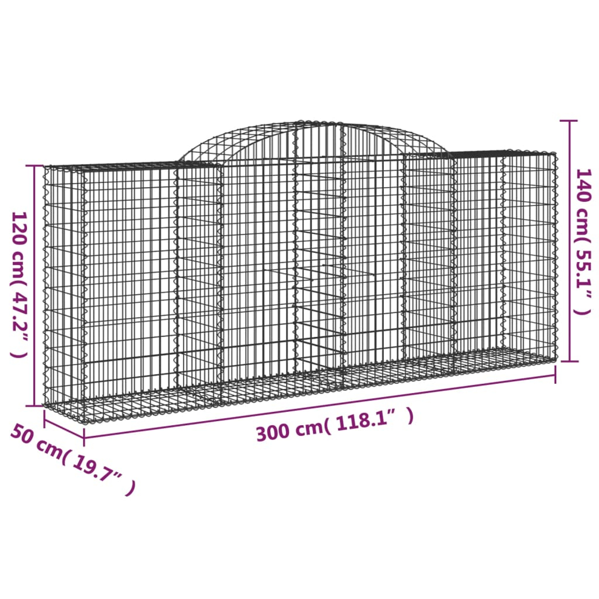 Ein schwarzes Drahtgeflechtgehäuse mit lila beschrifteten Abmessungen: 300 cm lang, 140 cm hoch und 120 cm an den Wänden.