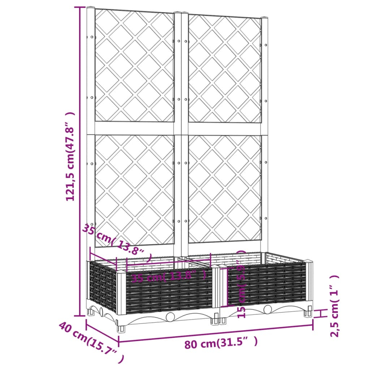 Ein hölzerner Pflanzkasten mit Gitter-Rückwand. Er hat zwei geflochtene Körbe unten und ein hohes, rautenförmiges Gitter.