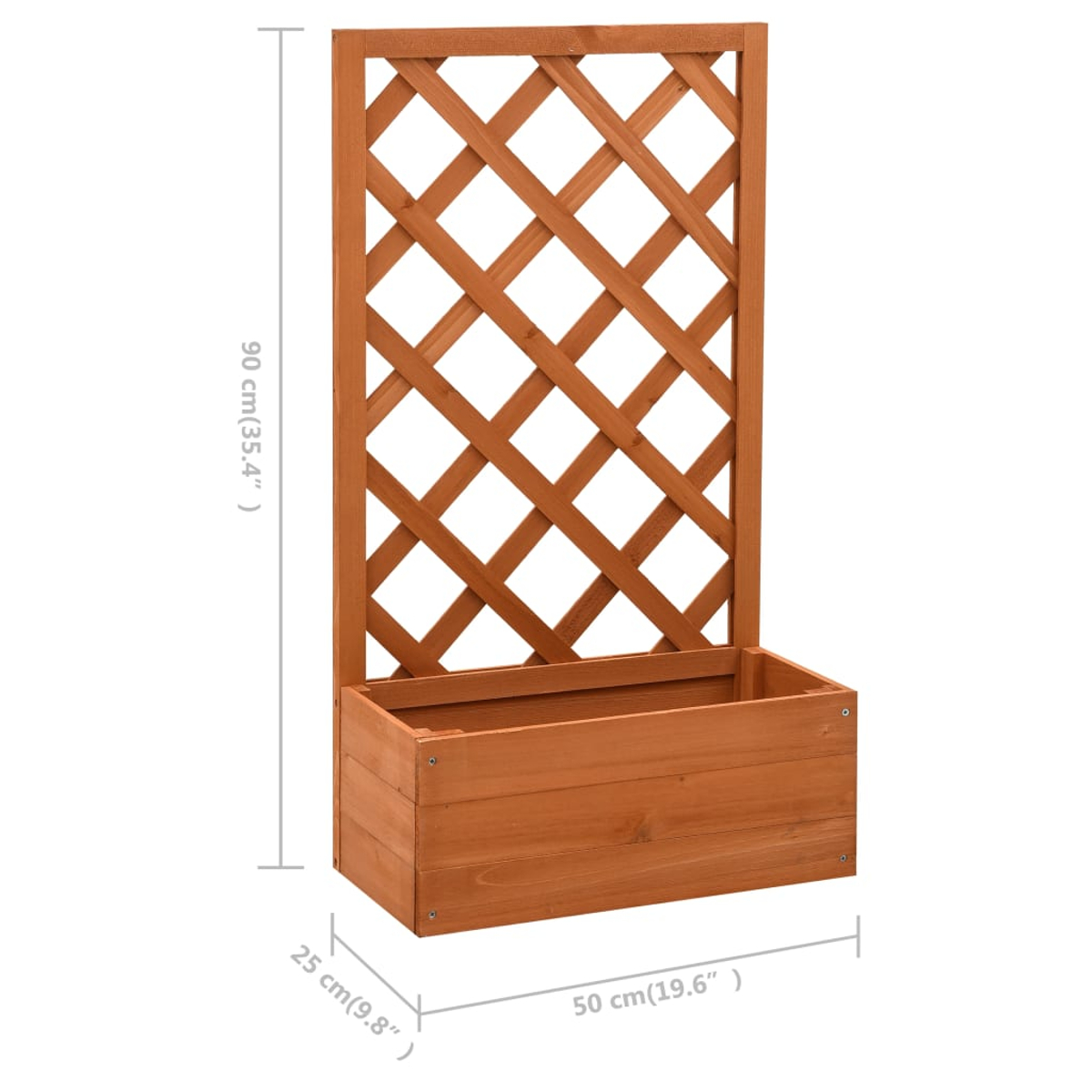 Holzpflanzer mit Spalier. Er hat eine rechteckige Pflanzkasten und einen Gitter-Hintergrund, Abmessungen sind angegeben.
