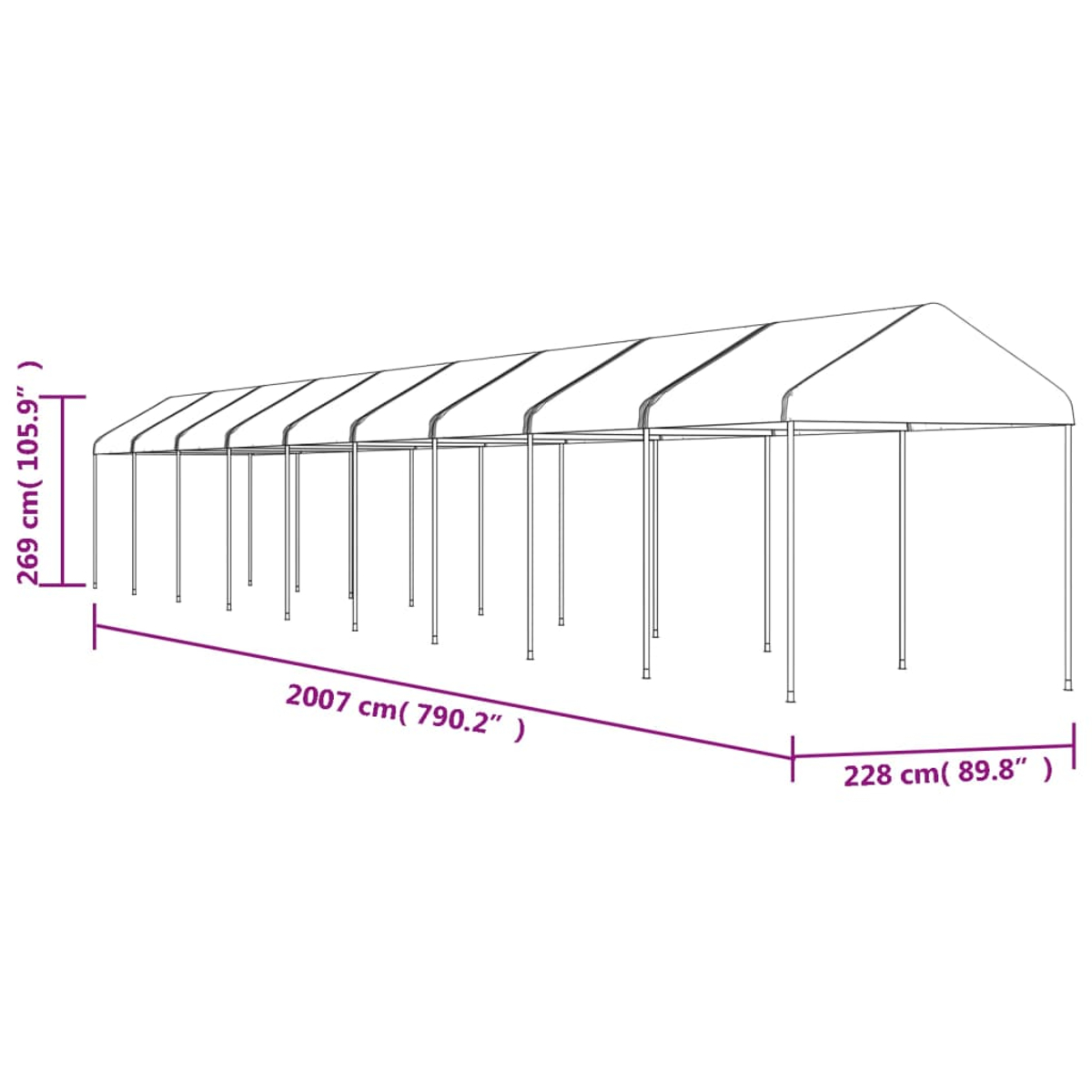 Ein weißes Carport mit Maßangaben wird gezeigt. Das Carport ist rechteckig mit einem Spitzdach und Metallstützen.