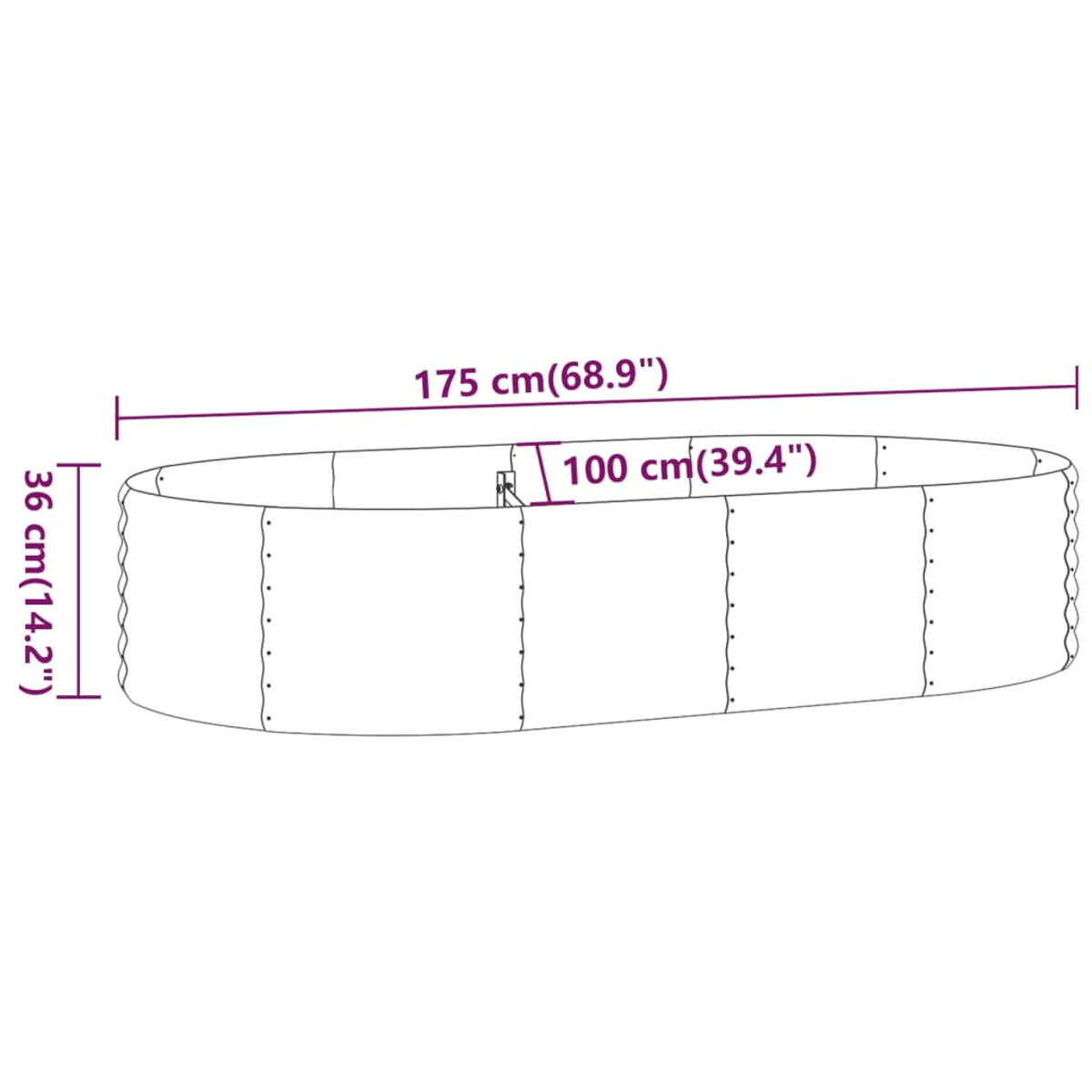 Die Abbildung zeigt einen zylindrischen Gegenstand mit den Maßen: 175 cm lang, 100 cm breit und 36 cm hoch, alles auf weißem Hintergrund.