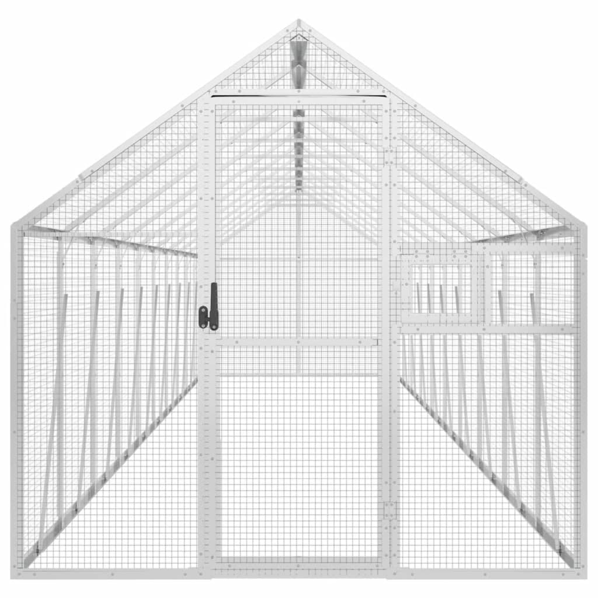 Ein weißes Gewächshaus mit Gitterstruktur. Es hat eine Tür, ein Fenster und ein Satteldach. Die Struktur besteht aus weißem Metall.