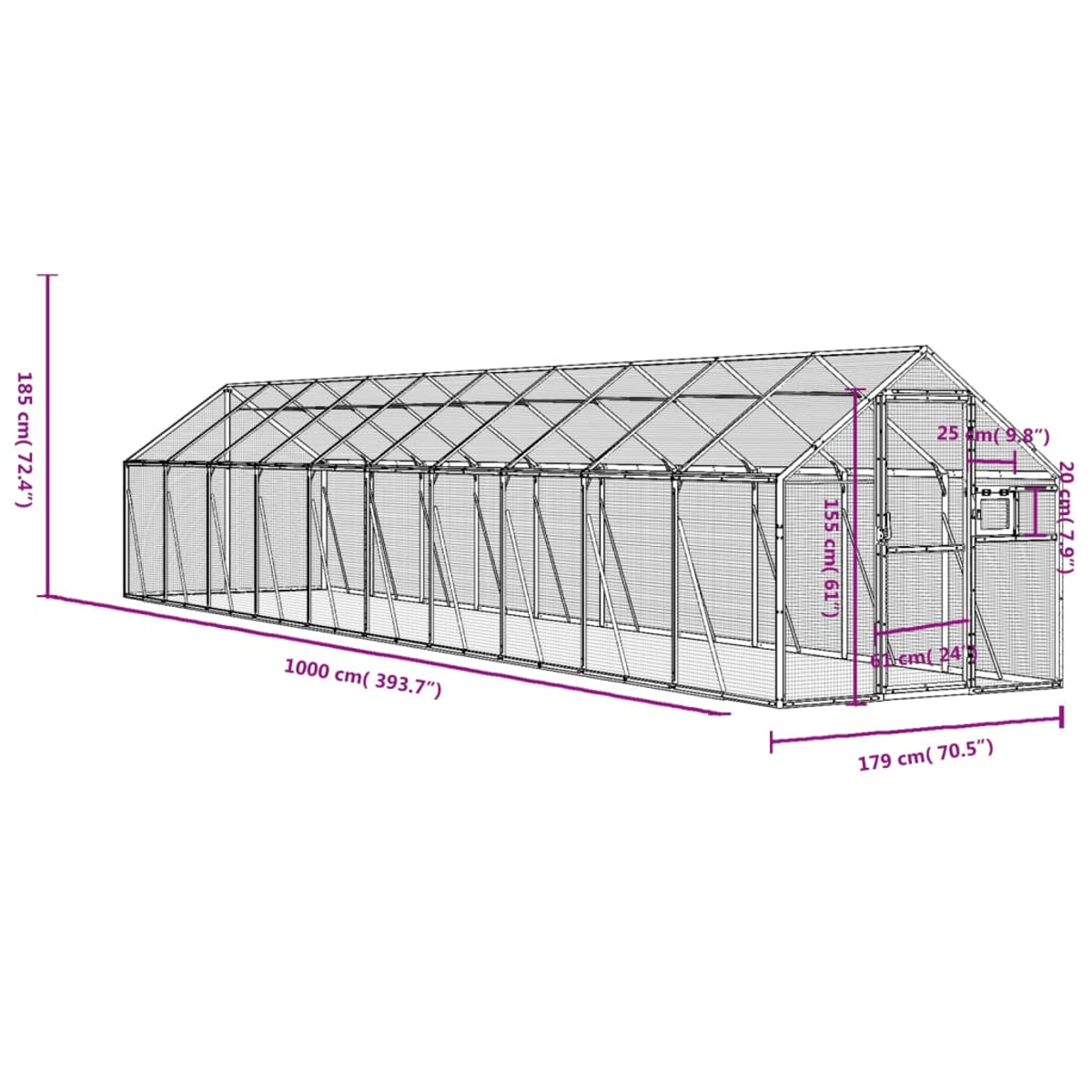Eine schematische Darstellung eines Gewächshauses. Maße sind angegeben: 1000 cm lang, 185 cm hoch und 179 cm breit. Es hat eine Netzstruktur.