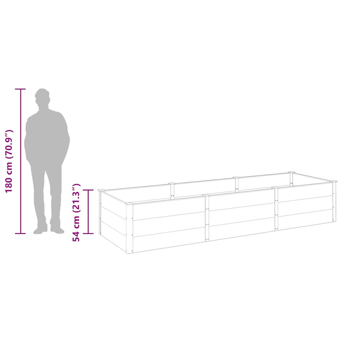 Eine Illustration zeigt eine Person neben einem rechteckigen Pflanzgefäß. Die Person ist 180 cm groß, das Pflanzgefäß ist 54 cm hoch.