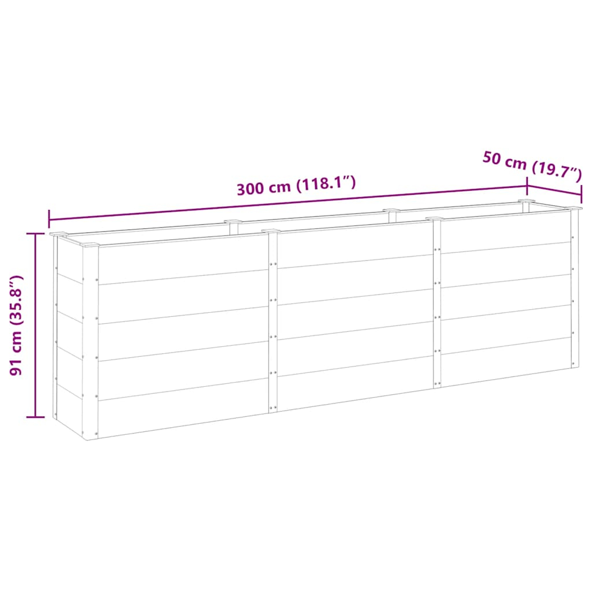 Diagramm einer rechteckigen Pflanzkasten. Abmessungen: 300 cm (118,1") lang, 91 cm (35,8") hoch und 50 cm (19,7") breit.