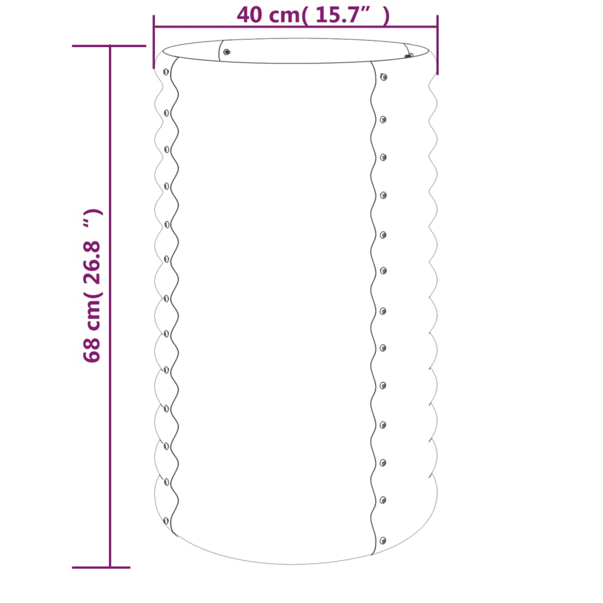 Ein zylindrisches Diagramm mit Abmessungen. Die Höhe beträgt 68 cm, die Breite 40 cm. Das Objekt hat eine wellenförmige Kante und Kreisdetails.