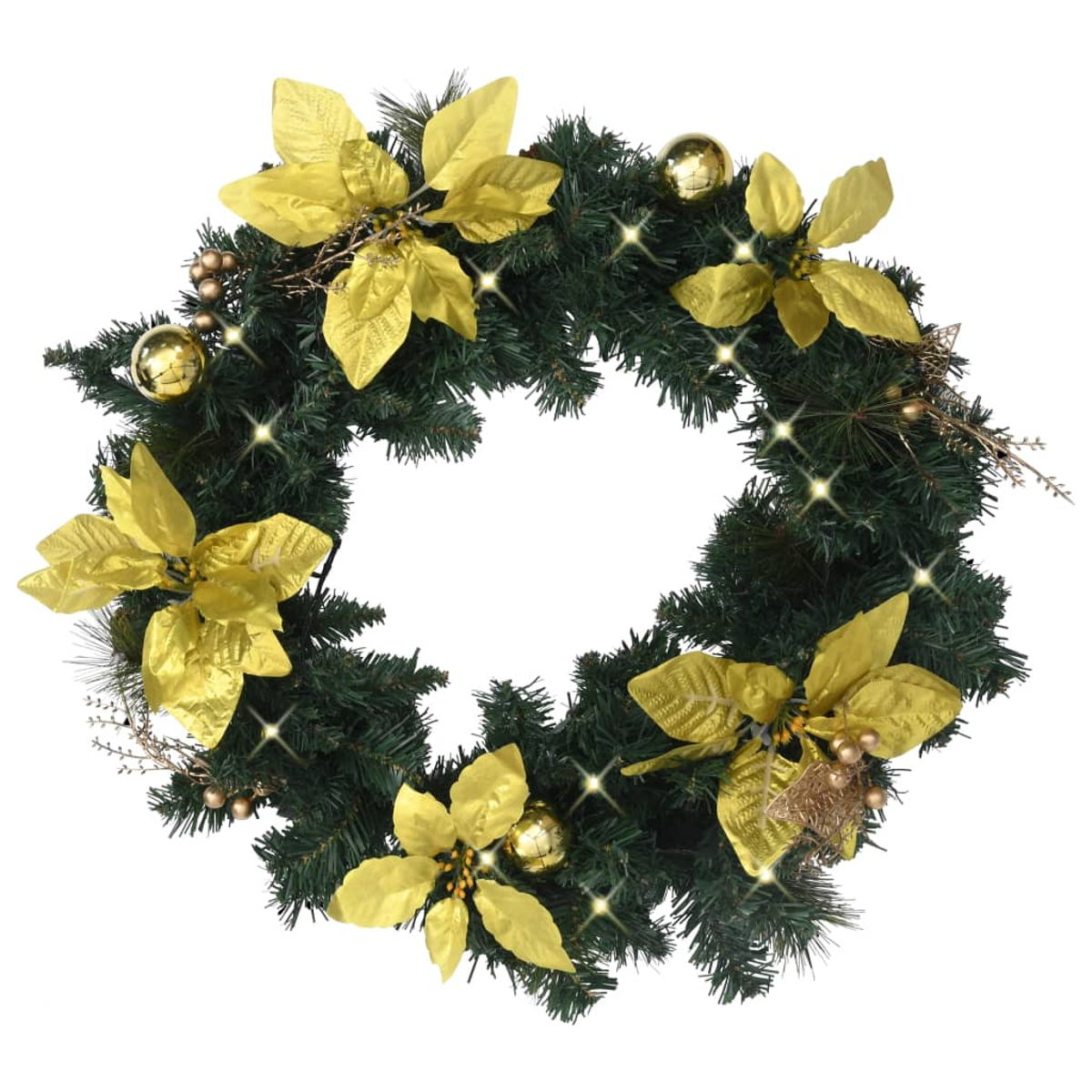 Ein Weihnachtskranz mit grünen Tannennadeln, goldenen Poinsettien, Kugeln und Lichtern. Der Kranz ist kreisförmig und auf Weiß isoliert.