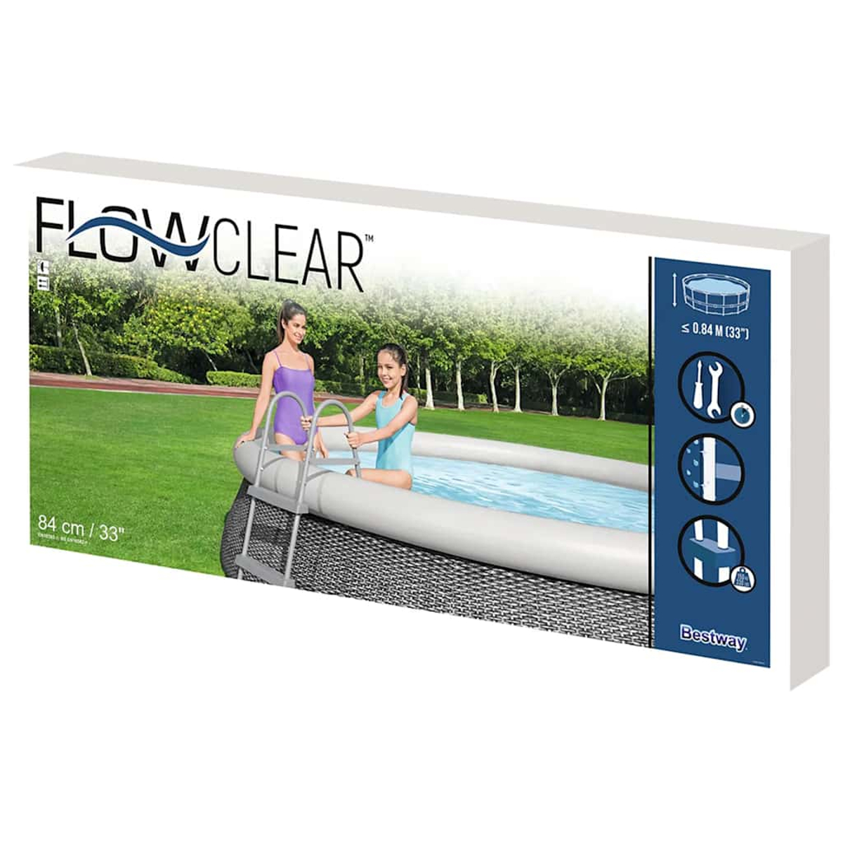 Zwei Mädchen in Badeanzügen in einem Pool. Der Pool steht auf Rasen, die Box zeigt die Funktionen und Marke.