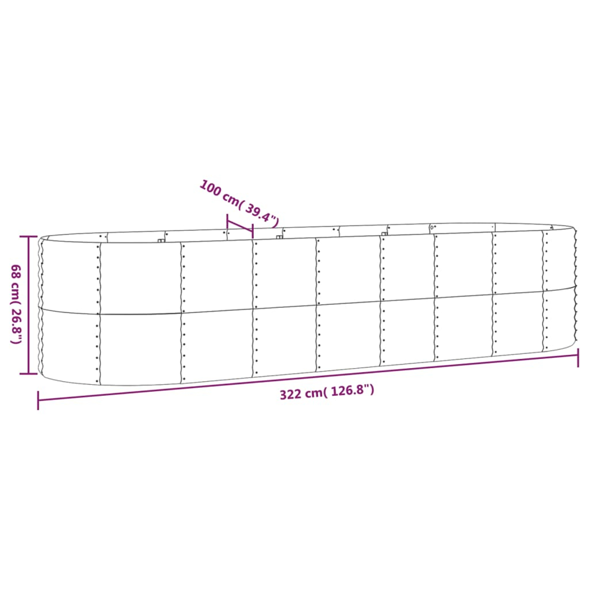 Eine Illustration zeigt einen Metallpflanzkübel mit Abmessungen. Der Pflanzkübel ist lang und oval. Maße sind in cm und Zoll angegeben.